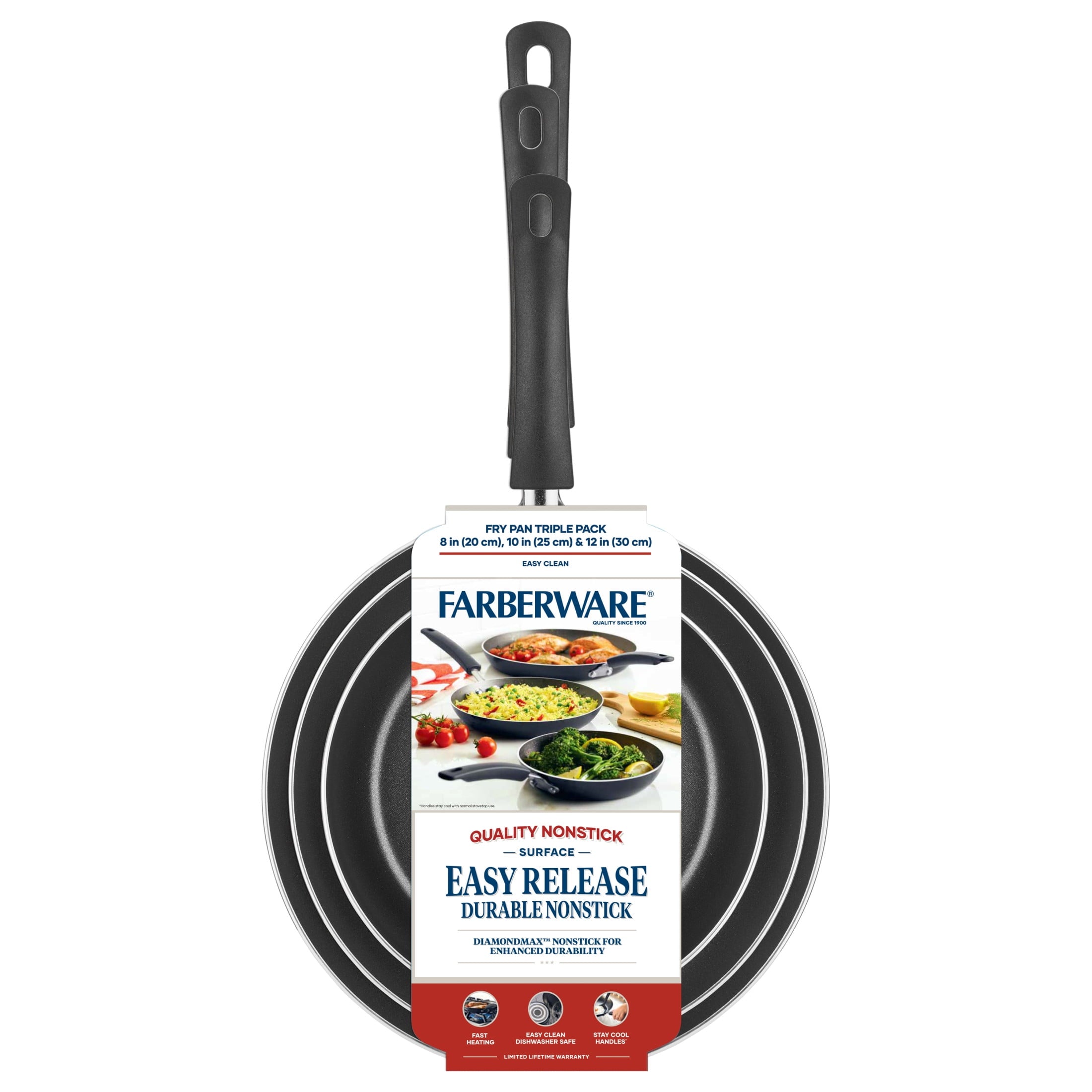 Farberware Easy Clean 3 Pcs Nonstick Frying Pans / Skillets - Dishwasher Safe, 8 Inch, 9.75 Inch, 12 Inch, Black