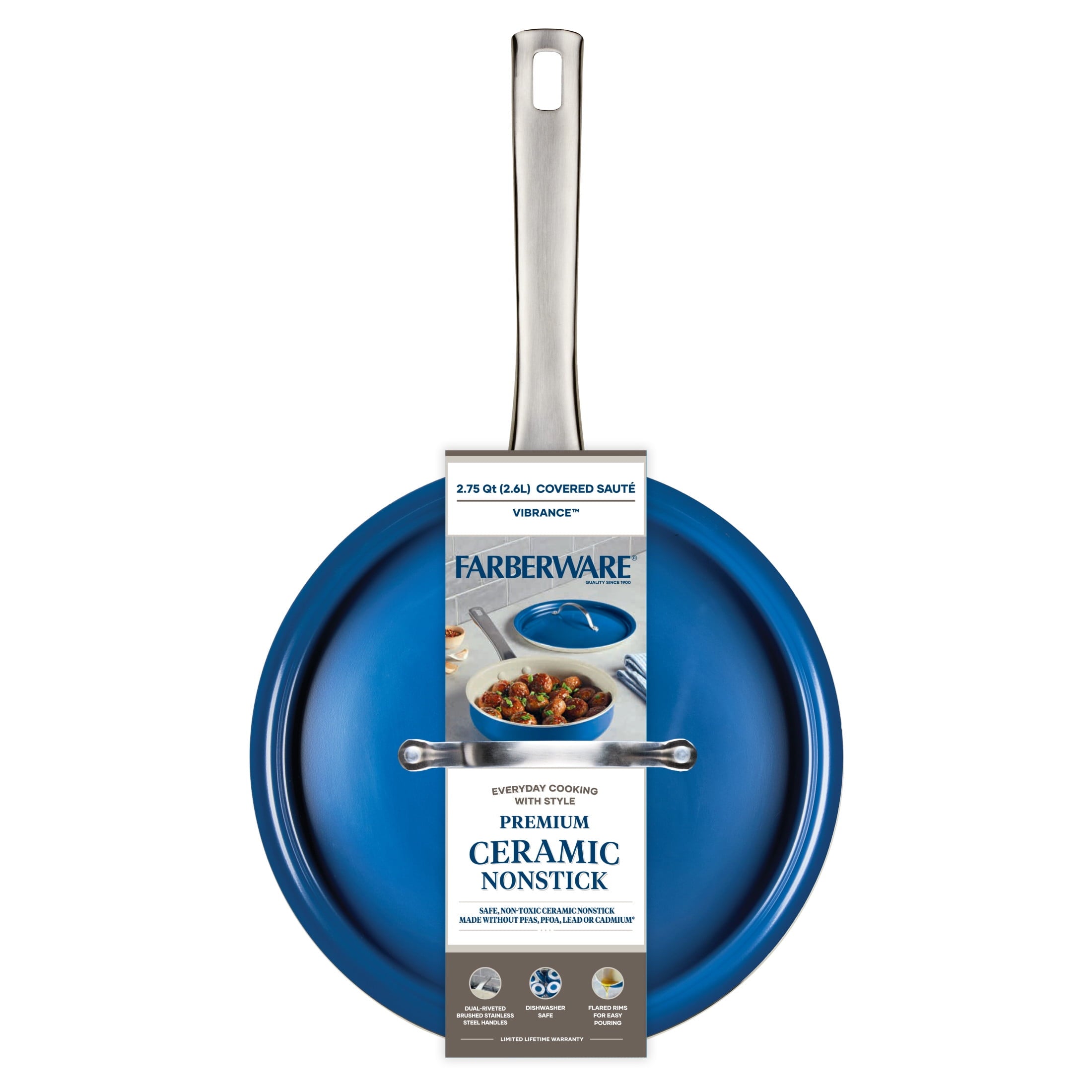 Farberware Vibrance 2.75 Quart Ceramic Nonstick Saute Pan with Lid - Dishwasher Safe and Oven Safe to 500°F, Blue