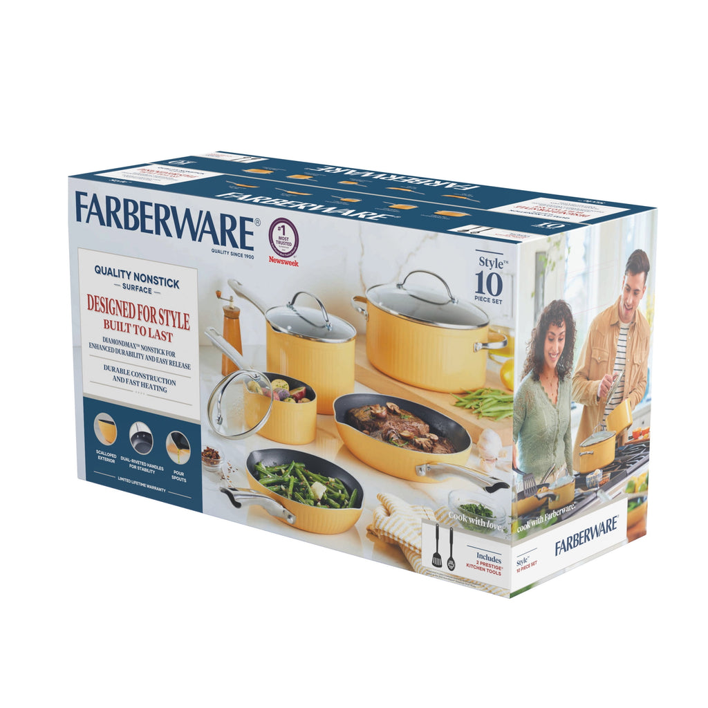 Farberware Style 10 Pcs Nonstick Cookware Set with Cooking Tools - Dishwasher Safe and Oven Safe to 500°F, Yellow