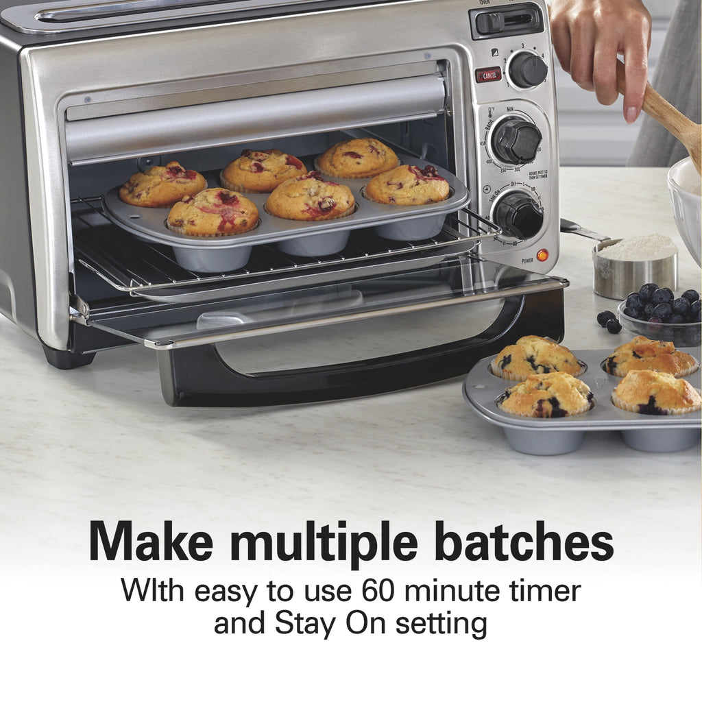 Hamilton Beach Space Saving Oven + Toaster - Holds a 9" Pizza or 3/4 Lb. of Fries, Stainless Steel Exterior