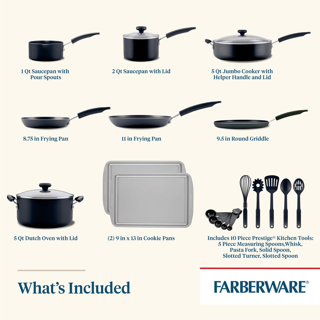Farberware Easy Clean 22 Pcs Nonstick Cookware Set Includes Griddle Pan and Cooking Tools - Dishwasher Safe, Black