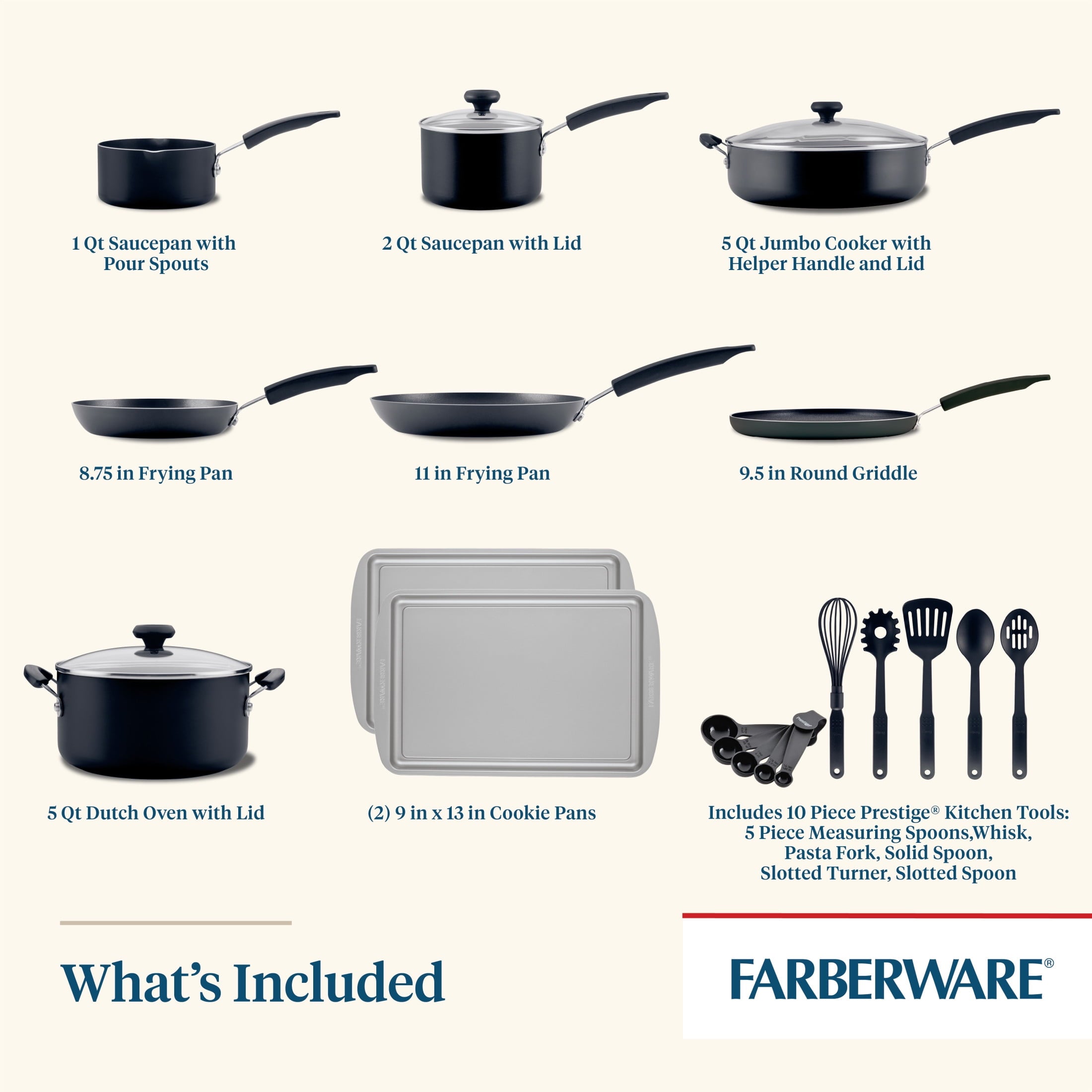 Farberware Easy Clean 22 Pcs Nonstick Cookware Set Includes Griddle Pan and Cooking Tools - Dishwasher Safe, Black