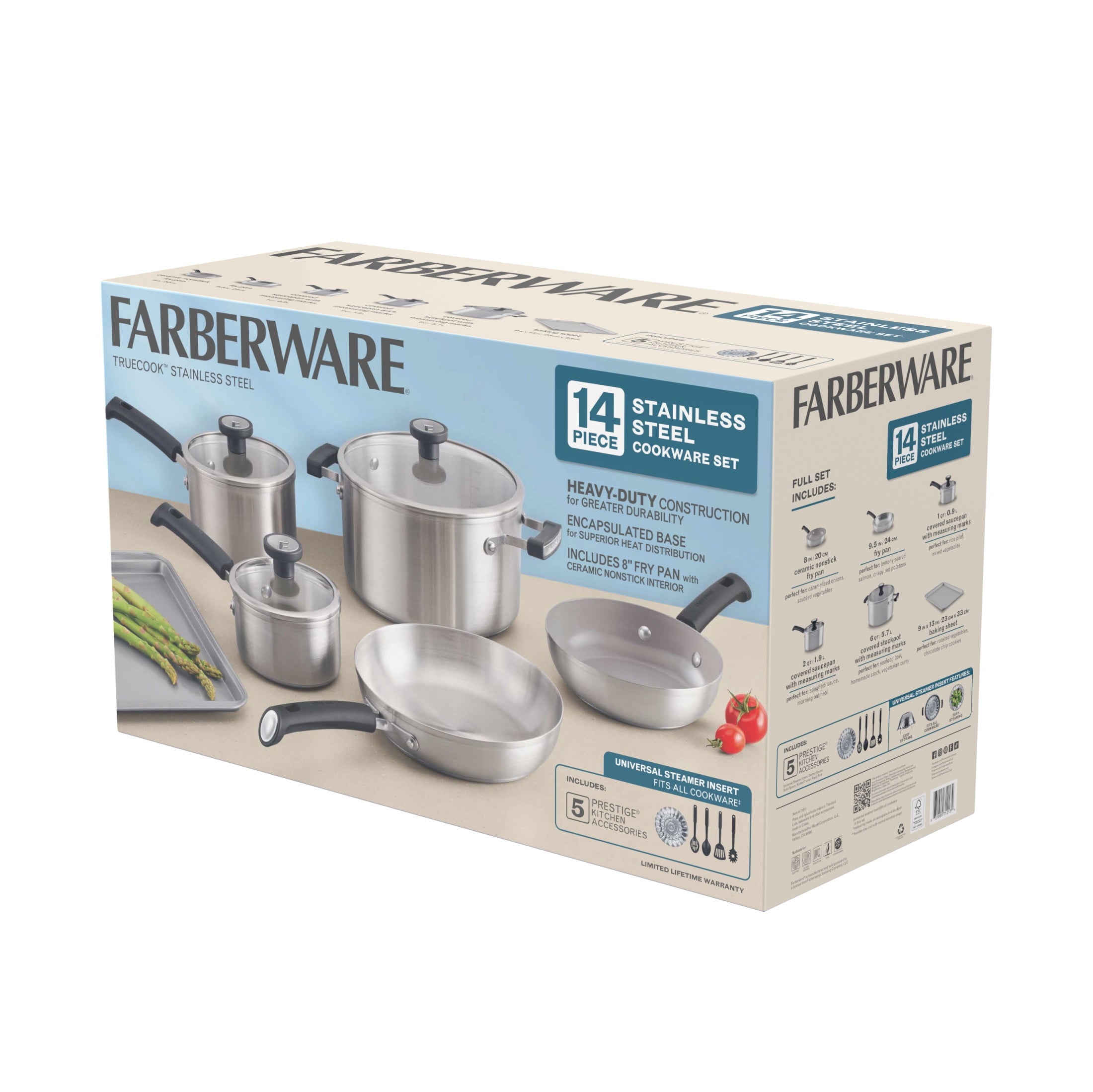 Farberware TrueCook Stainless Steel 14 Pcs Cookware Set - Dishwasher Safe, Metal Utensil and Induction Safe, Stainless Steel