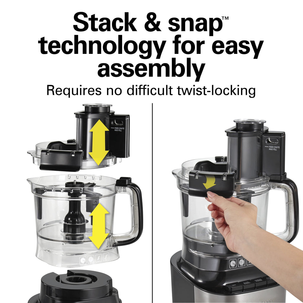Hamilton Beach Stack & Snap 10-Cup Food Processor - 500 W, 2-Speed with Pulse, Extra-Large Chute and Bowl Scraper, Black
