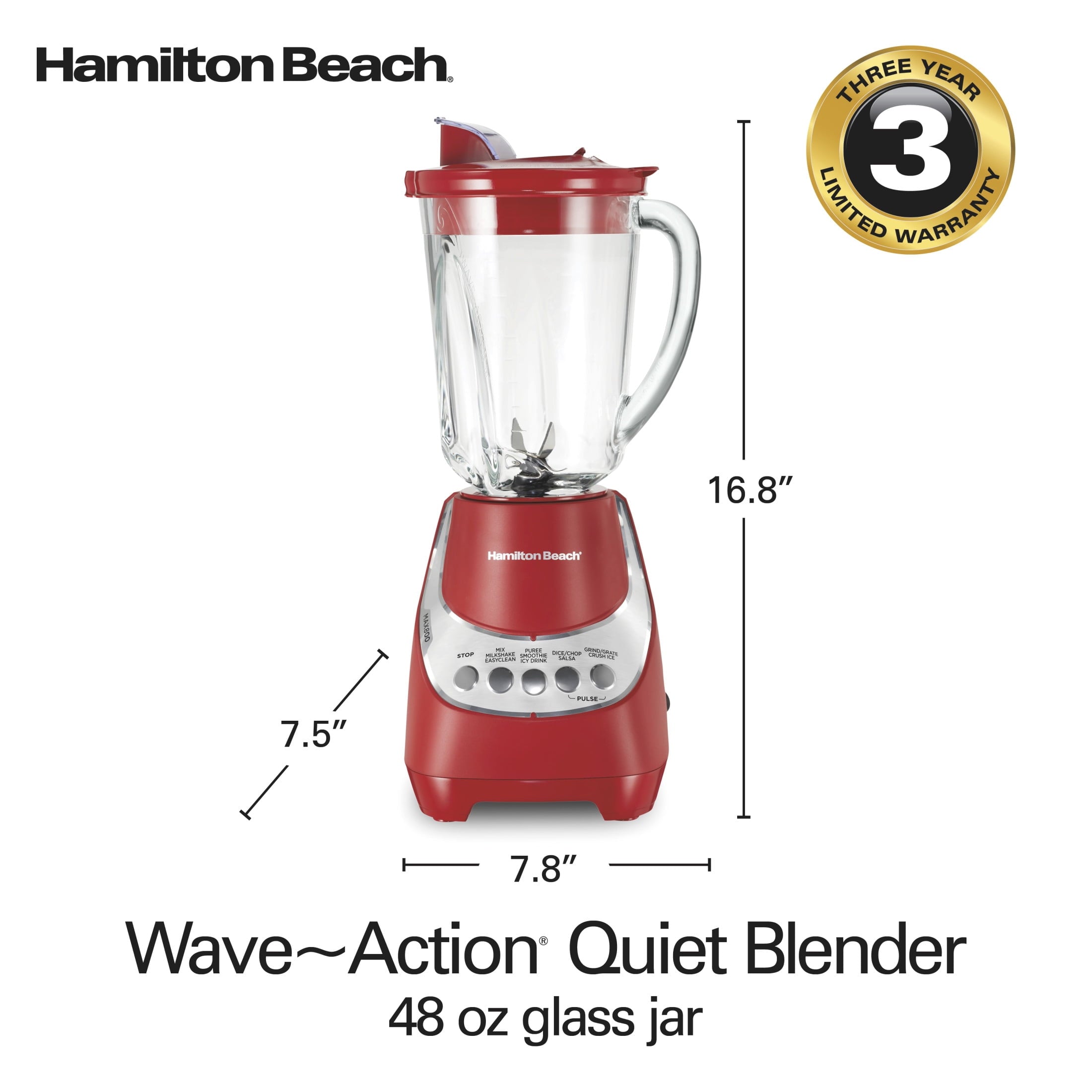 Hamilton Beach Wave Action Smoothie Blender - 48 oz Glass Jar 800 W 12-Function Countertop Blender for Kitchen, Red