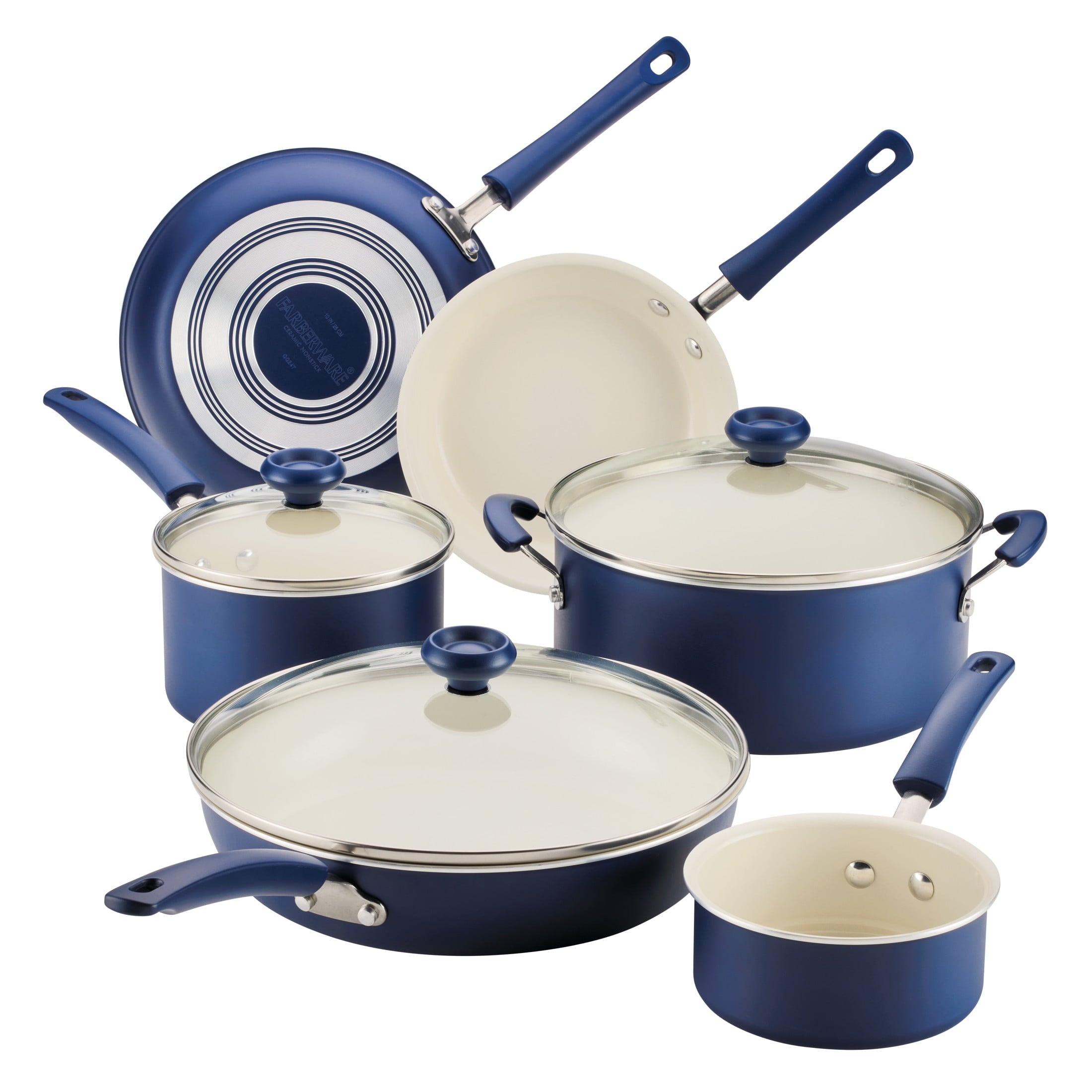 Farberware Easy Clean 14 Pcs Ceramic Nonstick Cookware Set with Cooking Tools - Dishwasher Safe, Blue