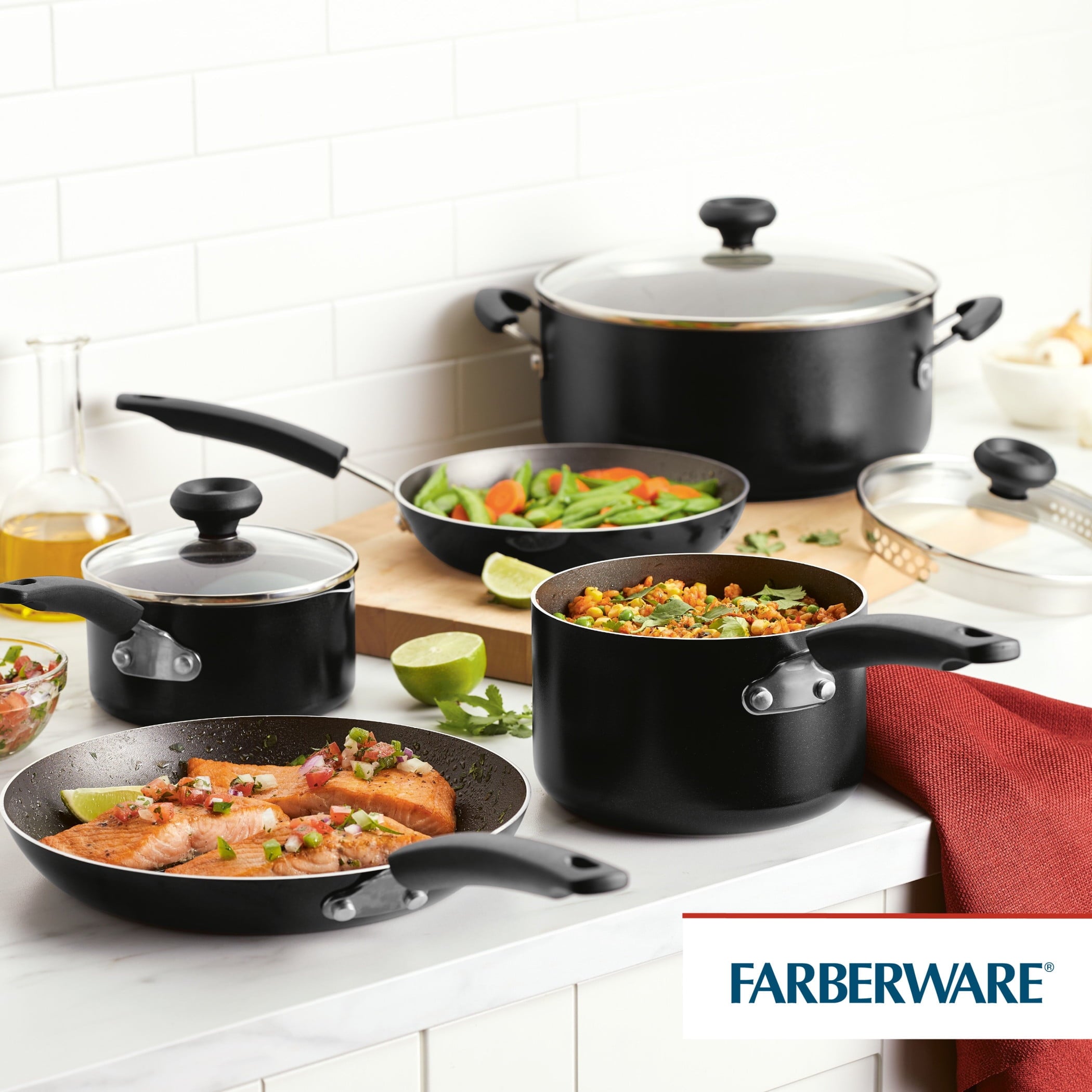 Farberware Easy Clean 12 Pcs Nonstick Cookware Set with Cooking Tools - Dishwasher Safe, Black