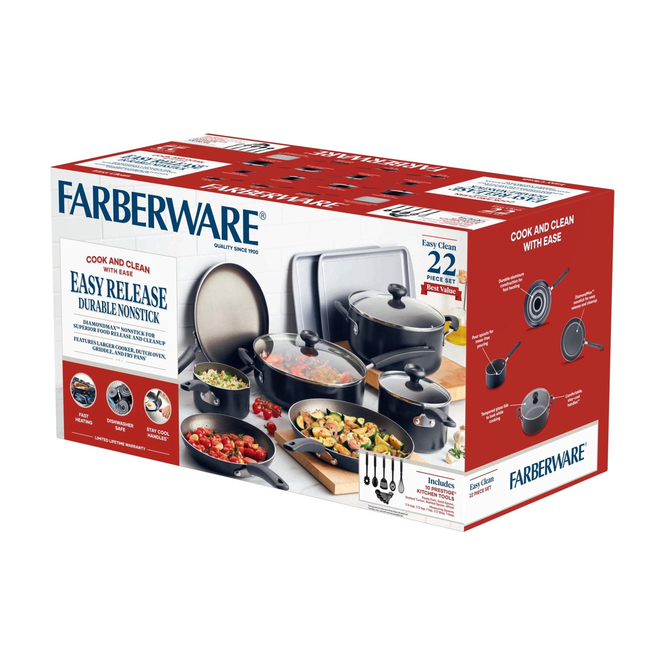 Farberware Easy Clean 22 Pcs Nonstick Cookware Set Includes Griddle Pan and Cooking Tools - Dishwasher Safe, Black