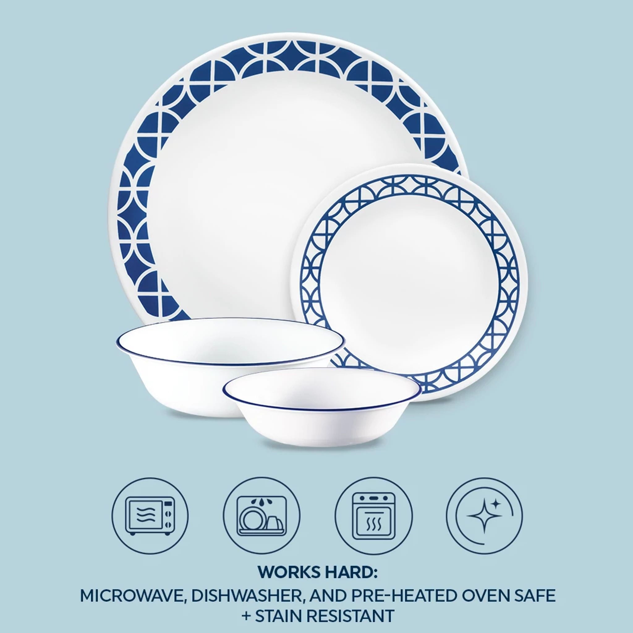 Corelle Cobalt Circles 16-Piece Glass Dinnerware Set (Service for 4)