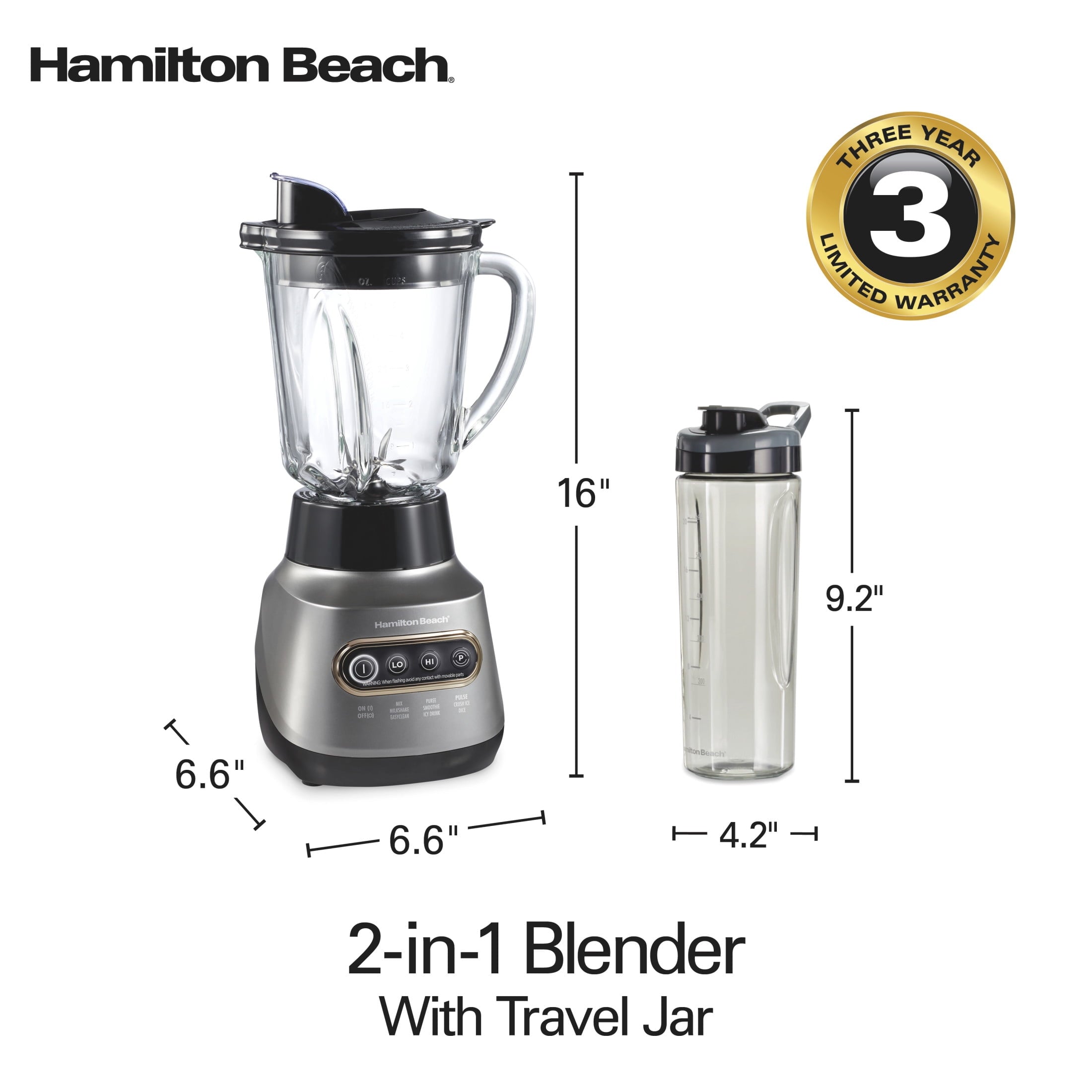 Hamilton Beach Wave Crusher Smoothie Blender for Kitchen - 40 oz Jar for Smoothies and Shakes with 20 oz Travel Jar, Gray