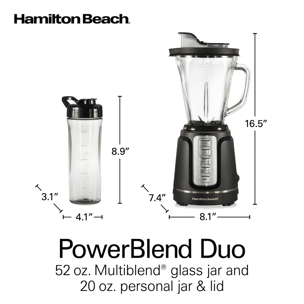 Hamilton Beach PowerBlend Duo Smoothie Blender for Kitchen - 52 oz Glass Jar & 20 oz. Personal Jar for Smoothies and Shakes, Black and Silver