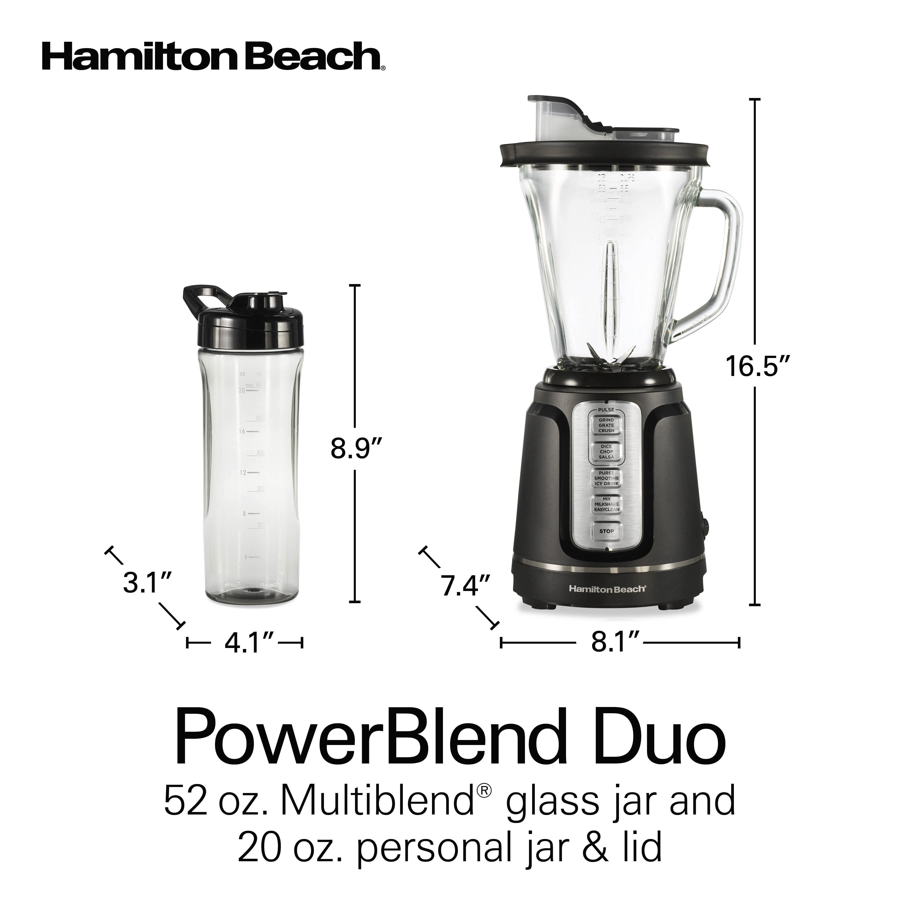 Hamilton Beach PowerBlend Duo Smoothie Blender for Kitchen - 52 oz Glass Jar & 20 oz. Personal Jar for Smoothies and Shakes, Black and Silver