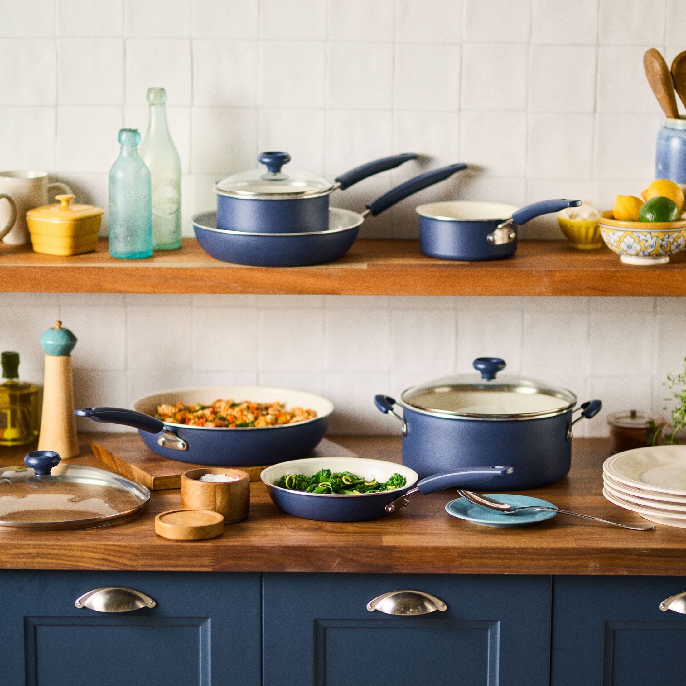 Farberware Easy Clean 14 Pcs Ceramic Nonstick Cookware Set with Cooking Tools - Dishwasher Safe, Blue