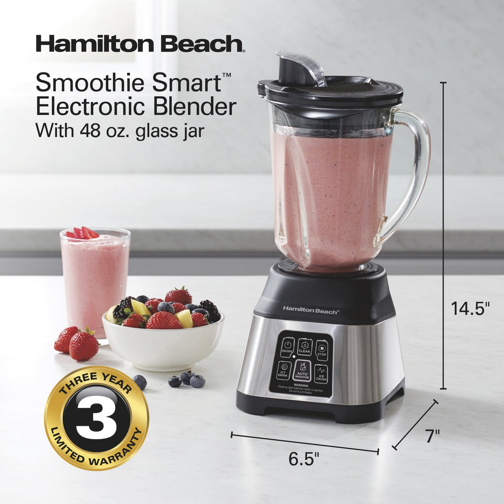 Hamilton Beach Smoothie Smart Blender - 48 oz Glass Jar 850 W Countertop Blender for Kitchen, Stainless Steel