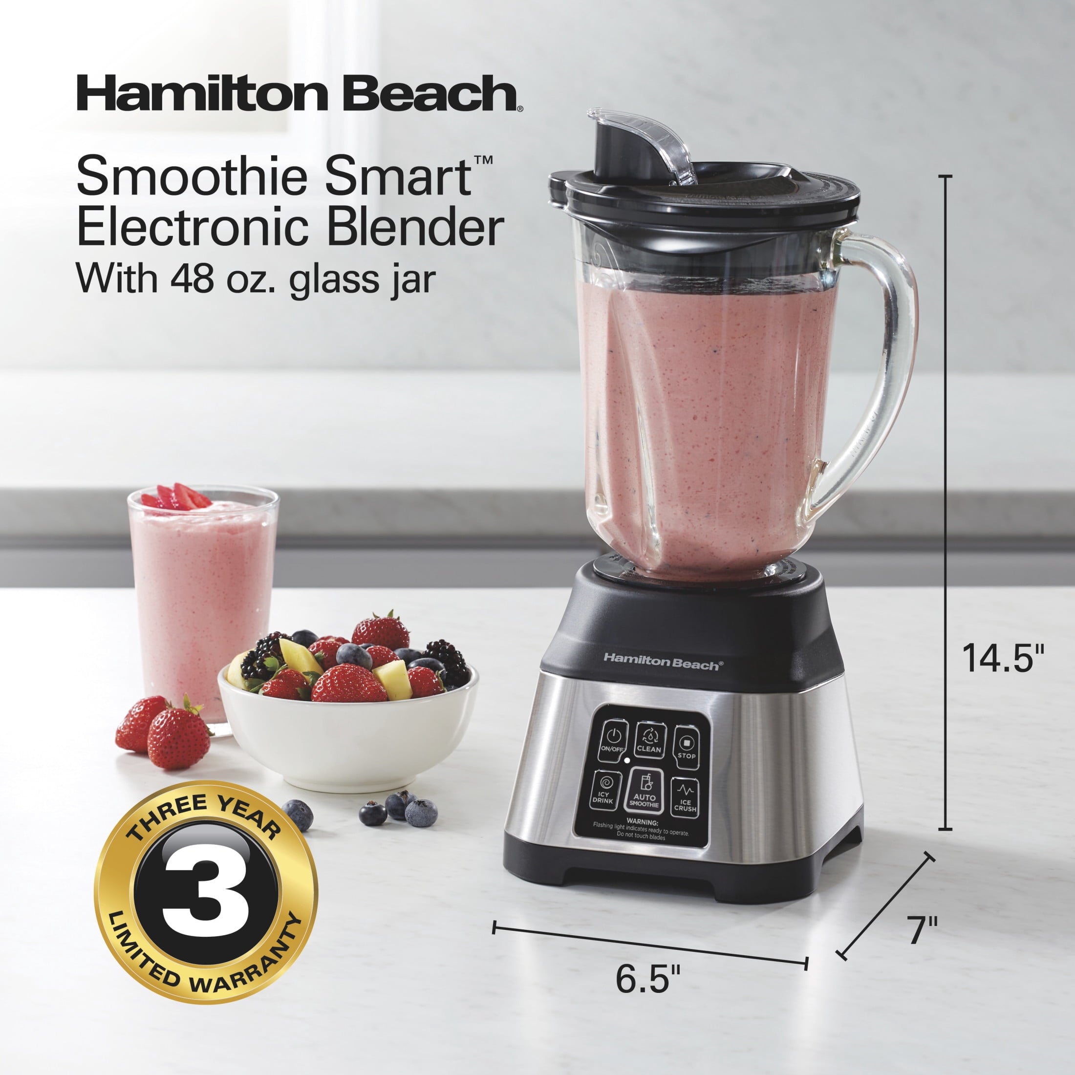 Hamilton Beach Smoothie Smart Blender - 48 oz Glass Jar 850 W Countertop Blender for Kitchen, Stainless Steel