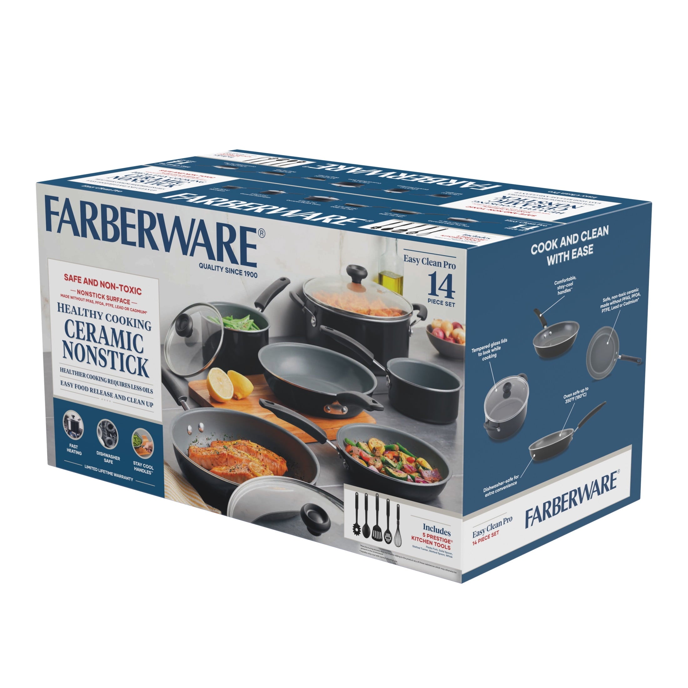 Farberware Easy Clean Pro 14 Pcs Ceramic Nonstick Cookware Set with Cooking Tools - Dishwasher Safe, Black