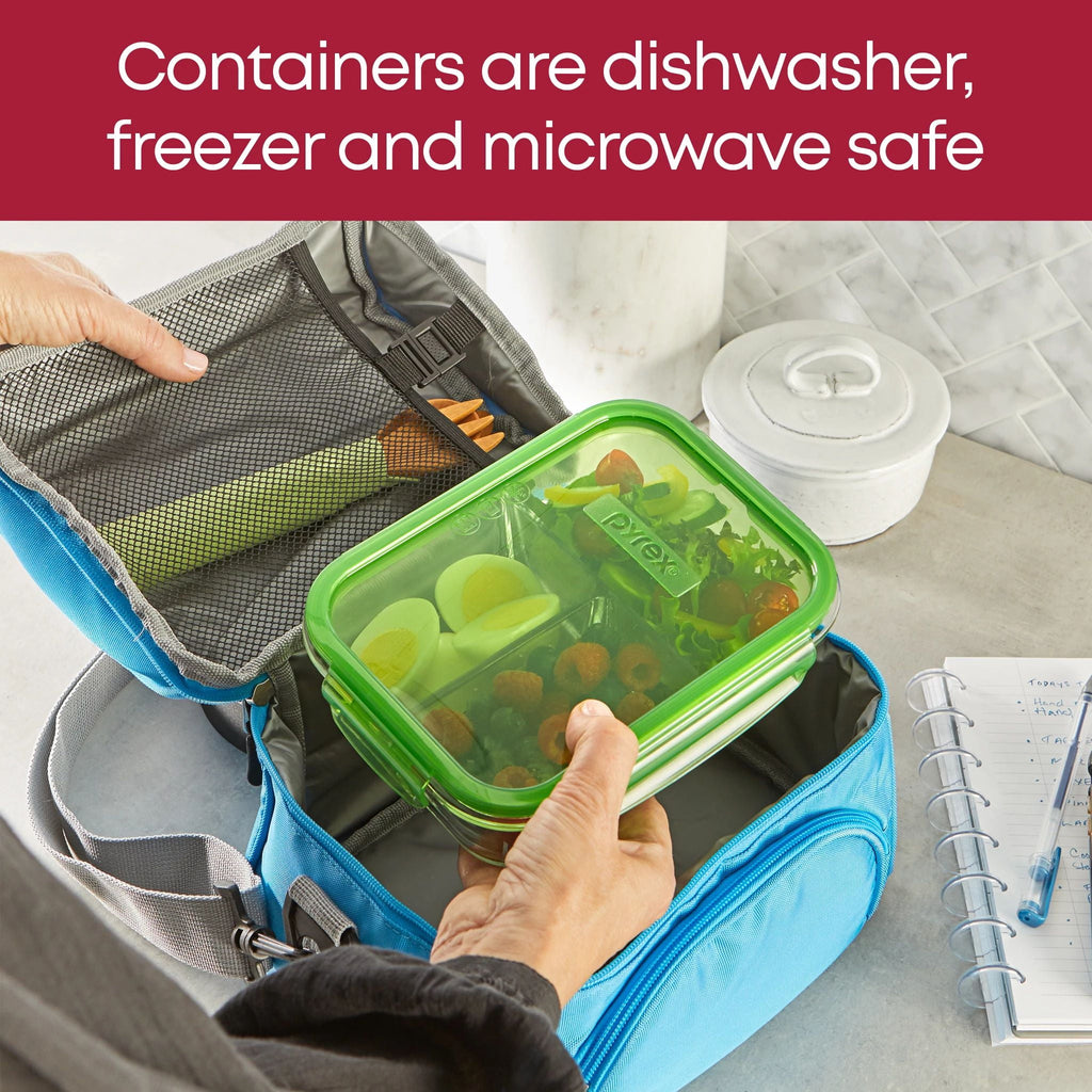 Pyrex MealBox 4-cup Divided Glass Food Storage Container with Green Lid