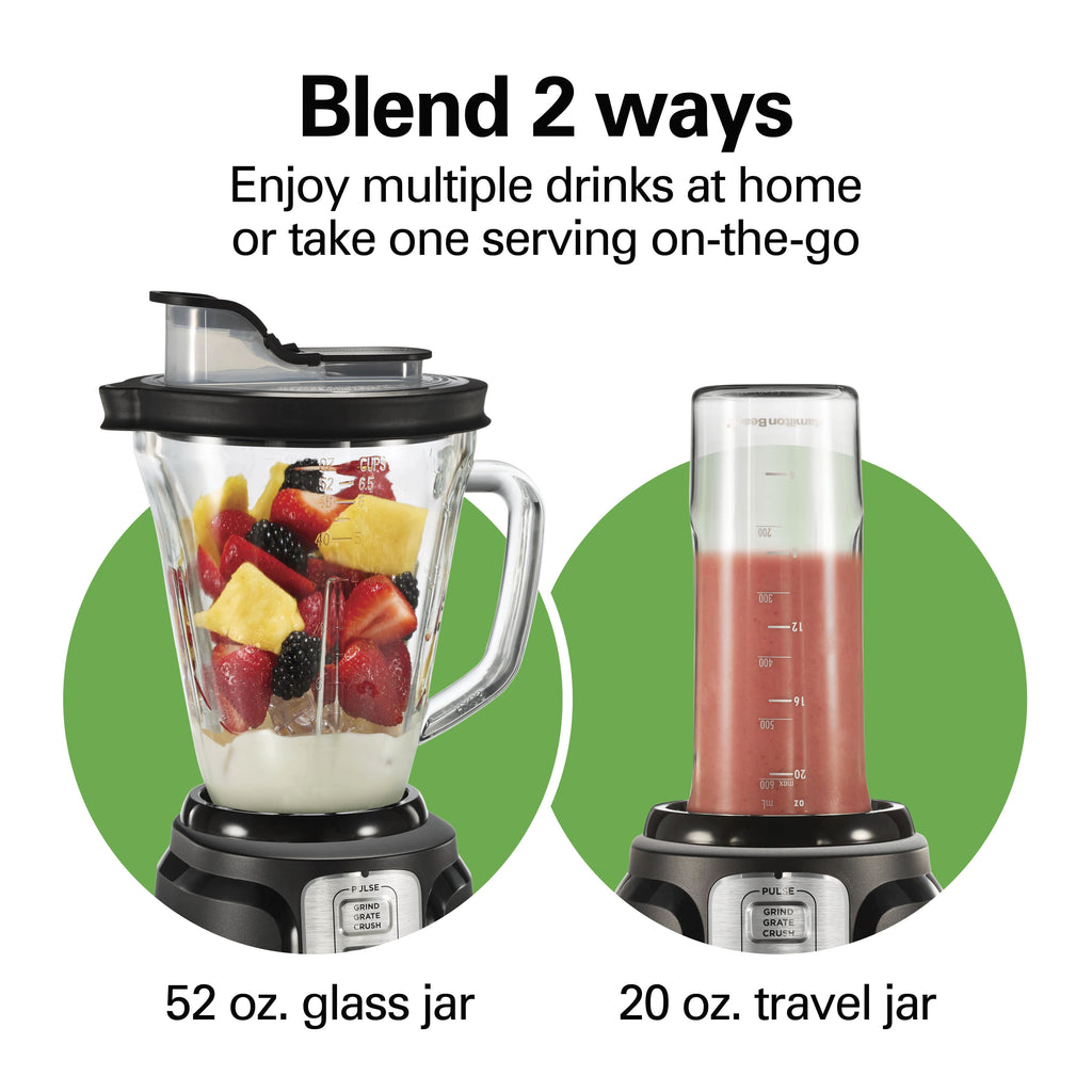 Hamilton Beach PowerBlend Duo Smoothie Blender for Kitchen - 52 oz Glass Jar & 20 oz. Personal Jar for Smoothies and Shakes, Black and Silver