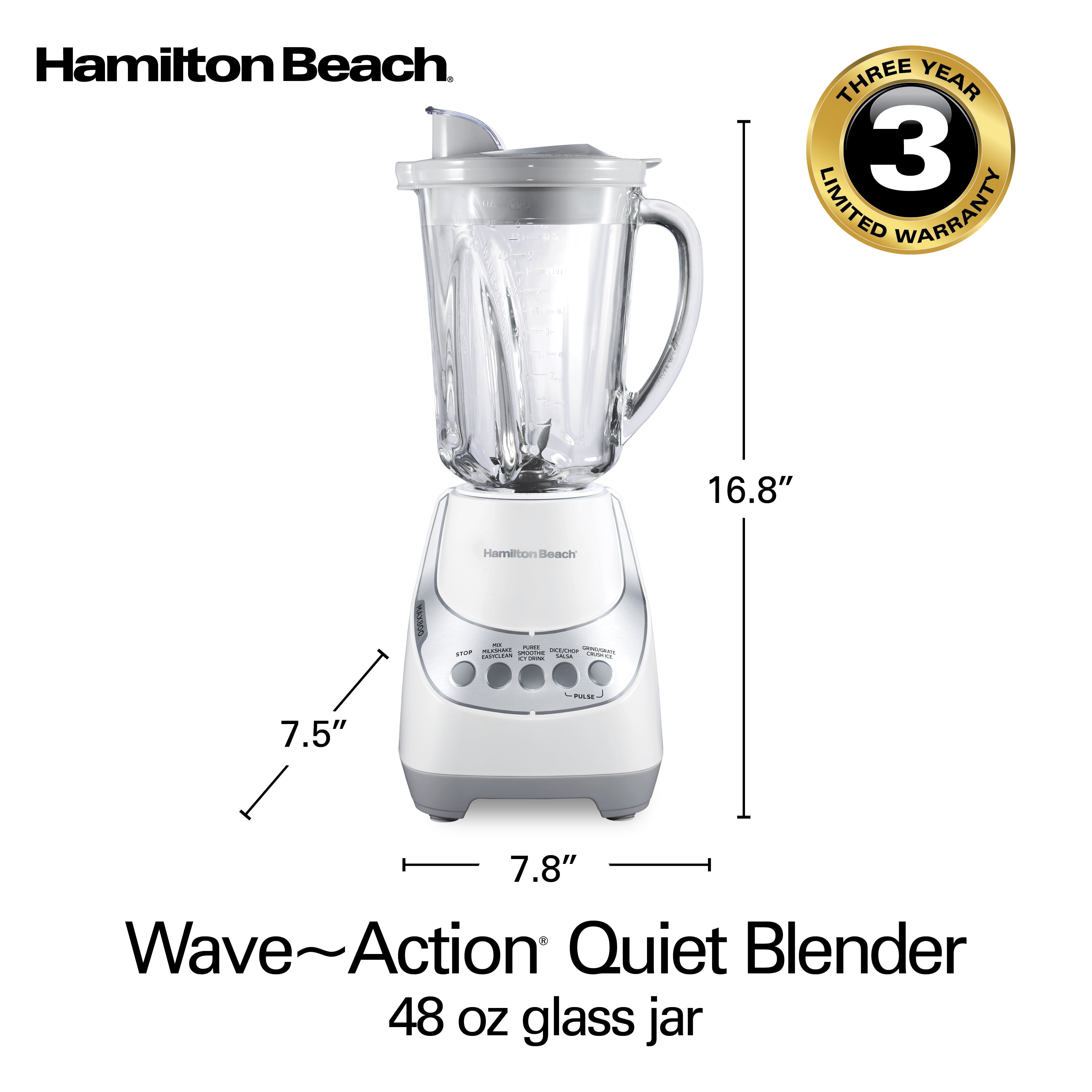 Hamilton Beach Quiet Glass Jar Blender - 48 oz. Jar, Stainless Steel Blade, High Speed, Great for Shakes and Smoothies, Ice Crusher, 12 Functions, White