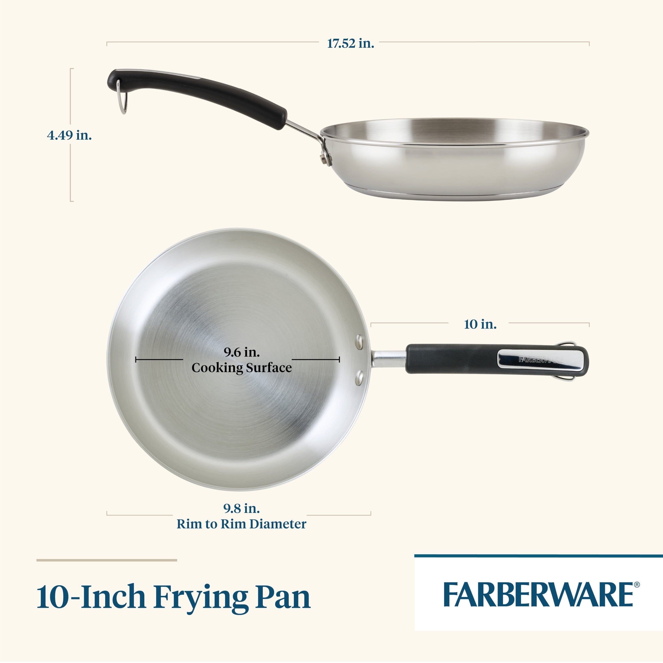 Farberware Brilliance 10 Inch Stainless Steel Frying Pan - Induction Compatible, Metal Utensil and Dishwasher Safe, Stainless Steel