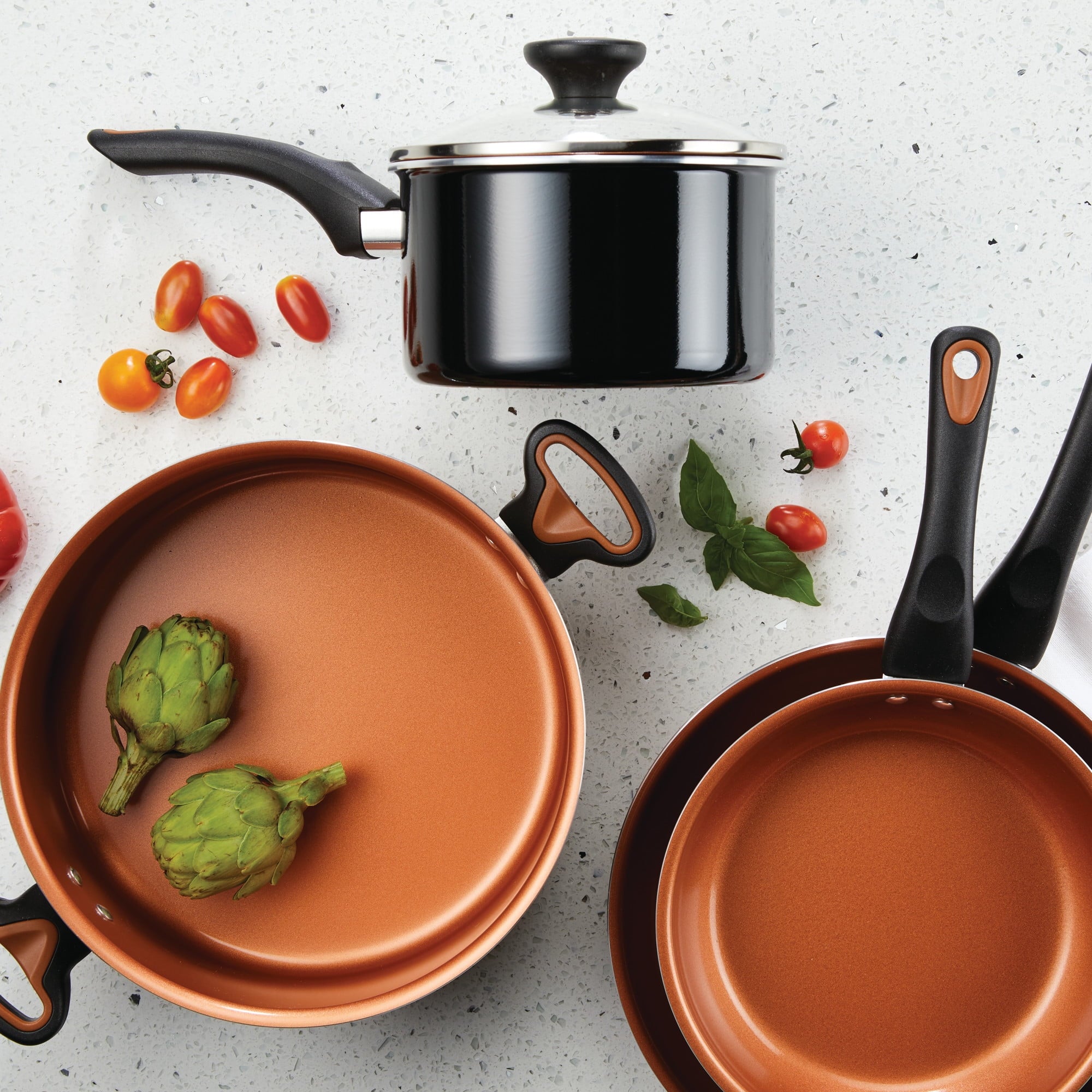 Farberware Glide Copper 4 Quart Ceramic Nonstick Sauté Pan with Tempered Glass Lid and Helper Handle - Dishwasher Safe, Black