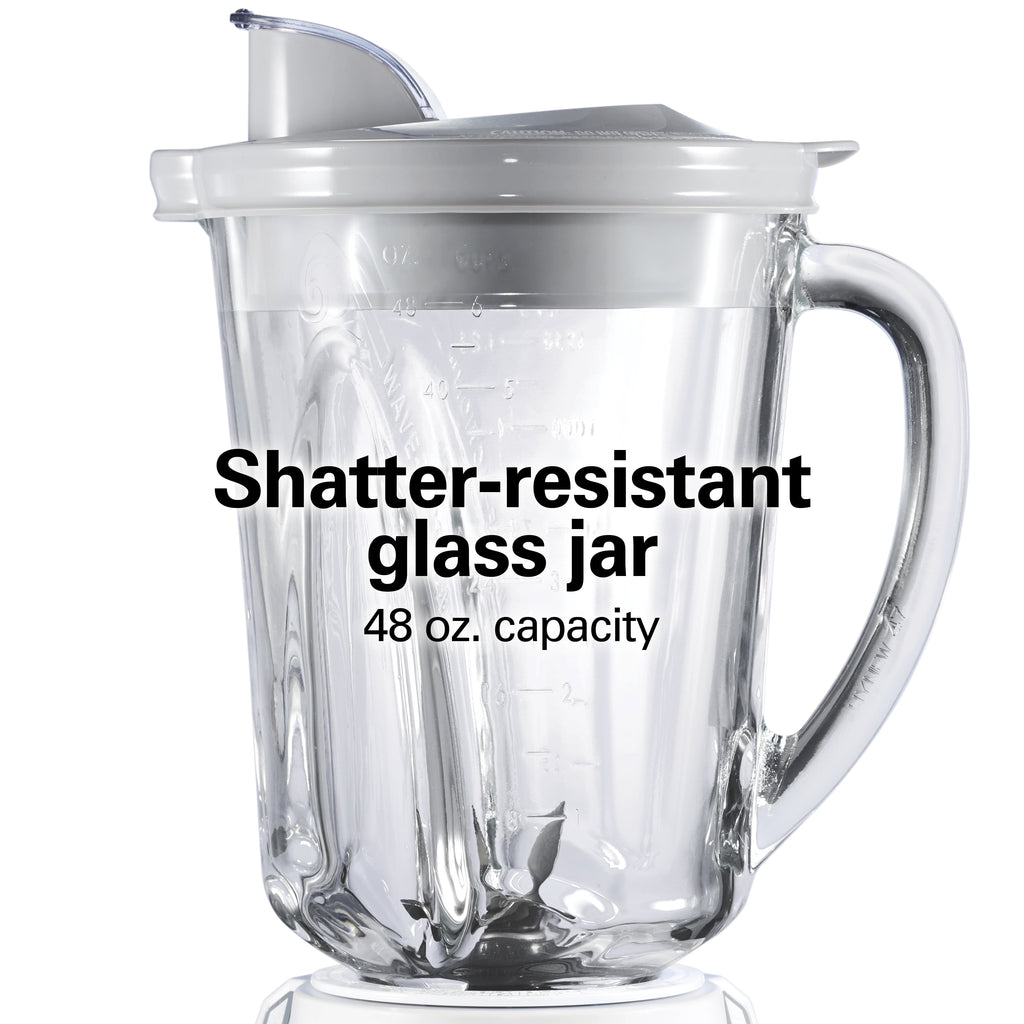 Hamilton Beach Quiet Glass Jar Blender - 48 oz. Jar, Stainless Steel Blade, High Speed, Great for Shakes and Smoothies, Ice Crusher, 12 Functions, White