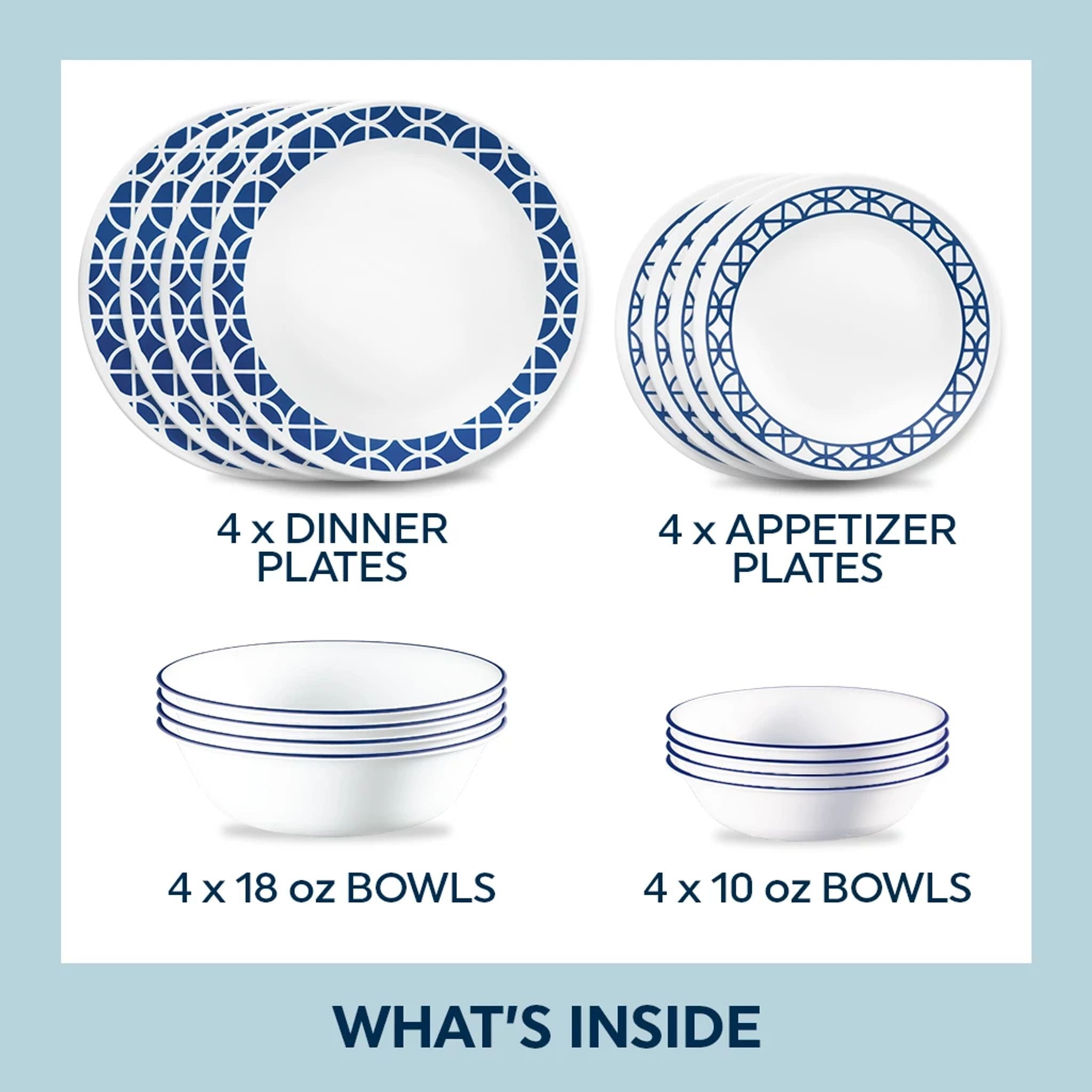 Corelle Cobalt Circles 16-Piece Glass Dinnerware Set (Service for 4)