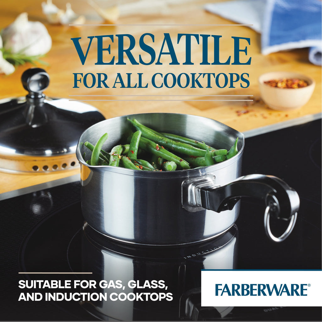 Farberware Classic Series 1 Quart Stainless Steel Straining Sauce Pan with Lid - Induction Compatible, Metal Utensil and Dishwasher Safe, Stainless Steel
