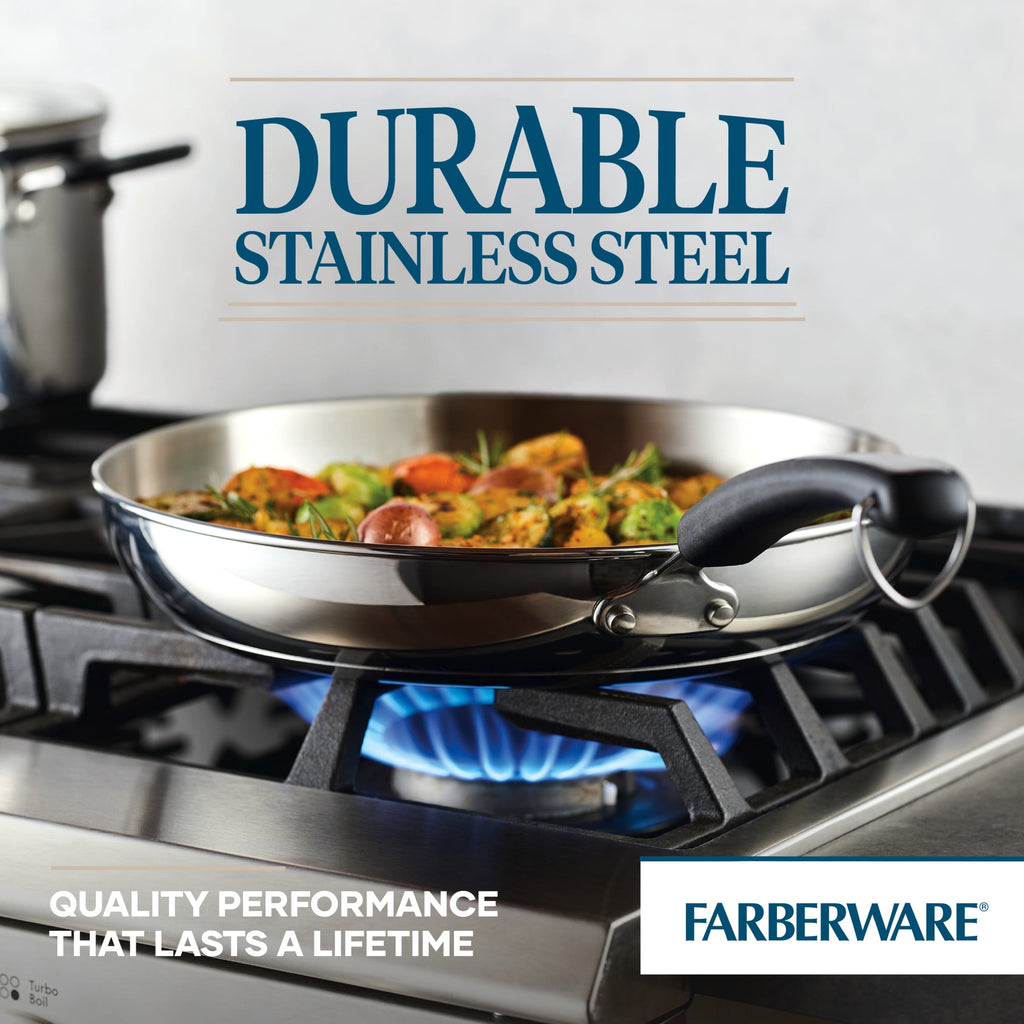Farberware Brilliance 12.25 Inch Frying Pan - Induction Compatible, Metal Utensil and Dishwasher Safe, Stainless Steel