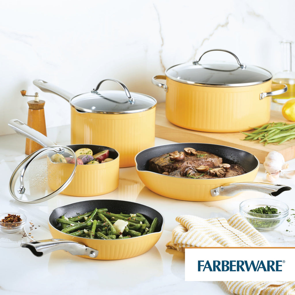 Farberware Style 10 Pcs Nonstick Cookware Set with Cooking Tools - Dishwasher Safe and Oven Safe to 500°F, Yellow