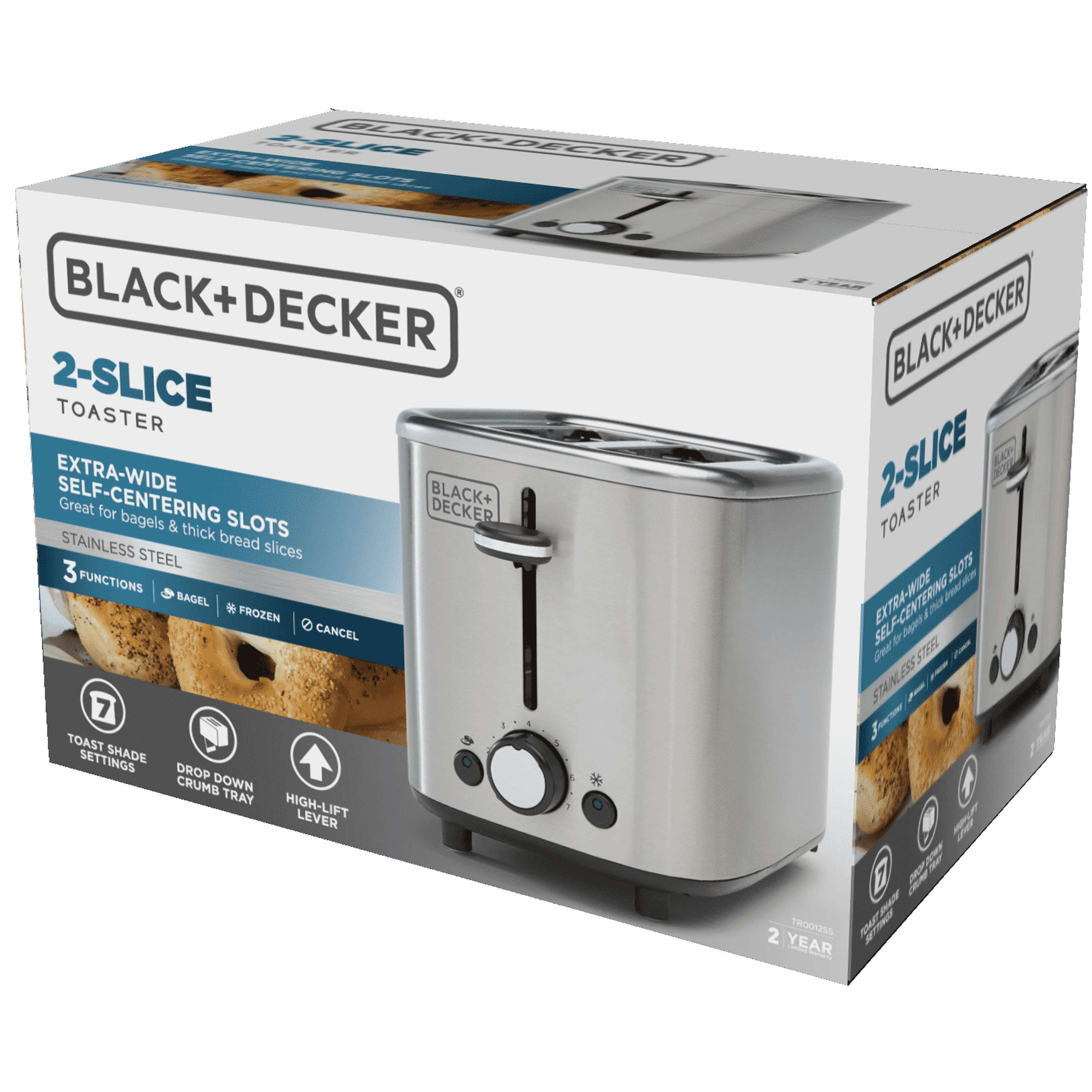 BLACK+DECKER 2‑Slice Toaster - Stainless Steel, Extra‑Wide Self‑Centering Slots, 7 Adjustable Shade Settings