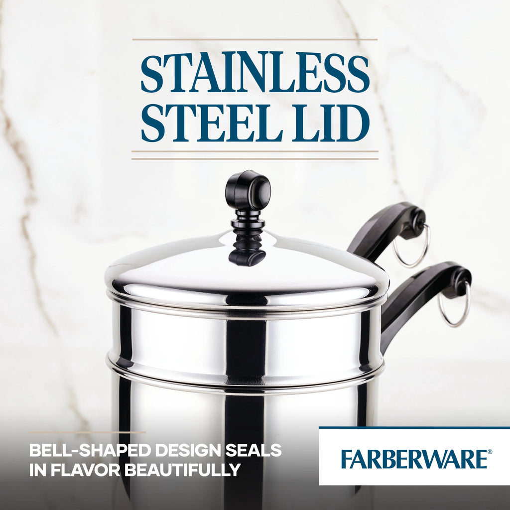 Farberware Classic Series 2 Quart Stainless Steel Double Boiler and Saucepan with Lid - Induction Compatible, Metal Utensil and Dishwasher Safe, Stainless Steel