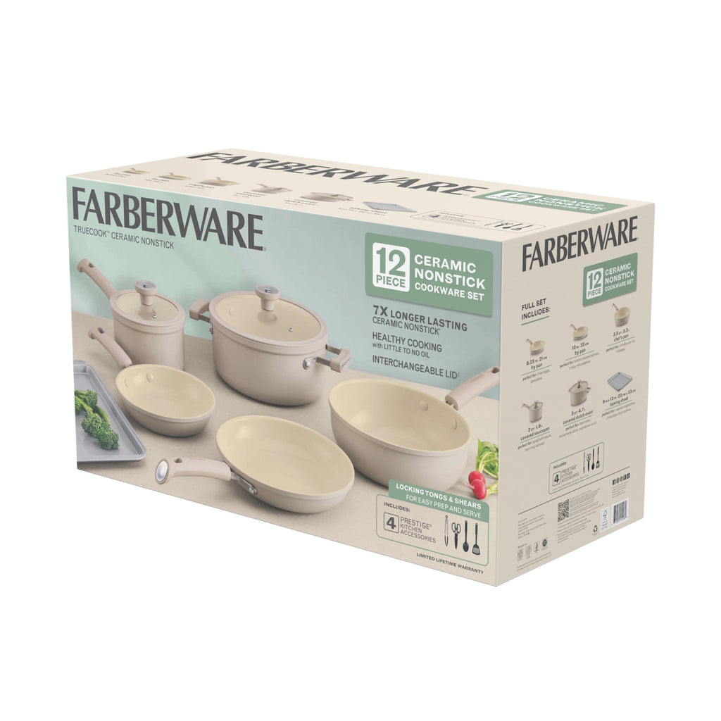 Farberware TrueCook 12pc Ceramic Cookware Set - Dishwasher and Oven Safe, Taupe