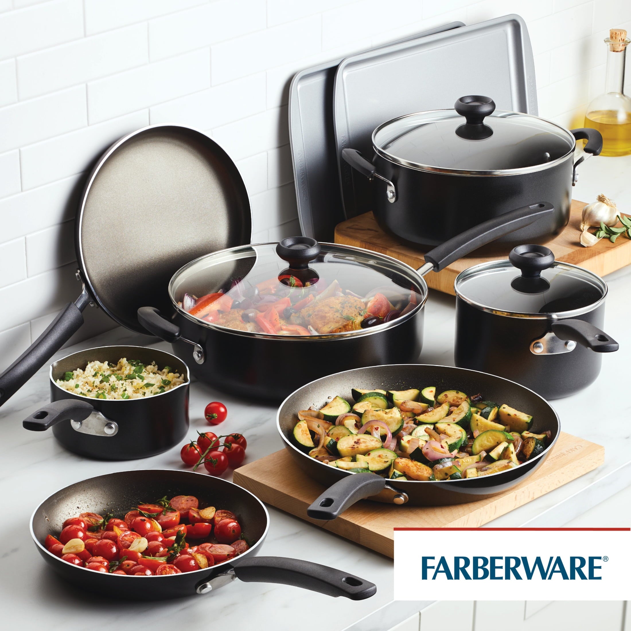 Farberware Easy Clean 22 Pcs Nonstick Cookware Set Includes Griddle Pan and Cooking Tools - Dishwasher Safe, Black