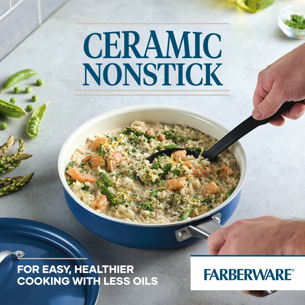 Farberware Vibrance 2.75 Quart Ceramic Nonstick Saute Pan with Lid - Dishwasher Safe and Oven Safe to 500°F, Blue