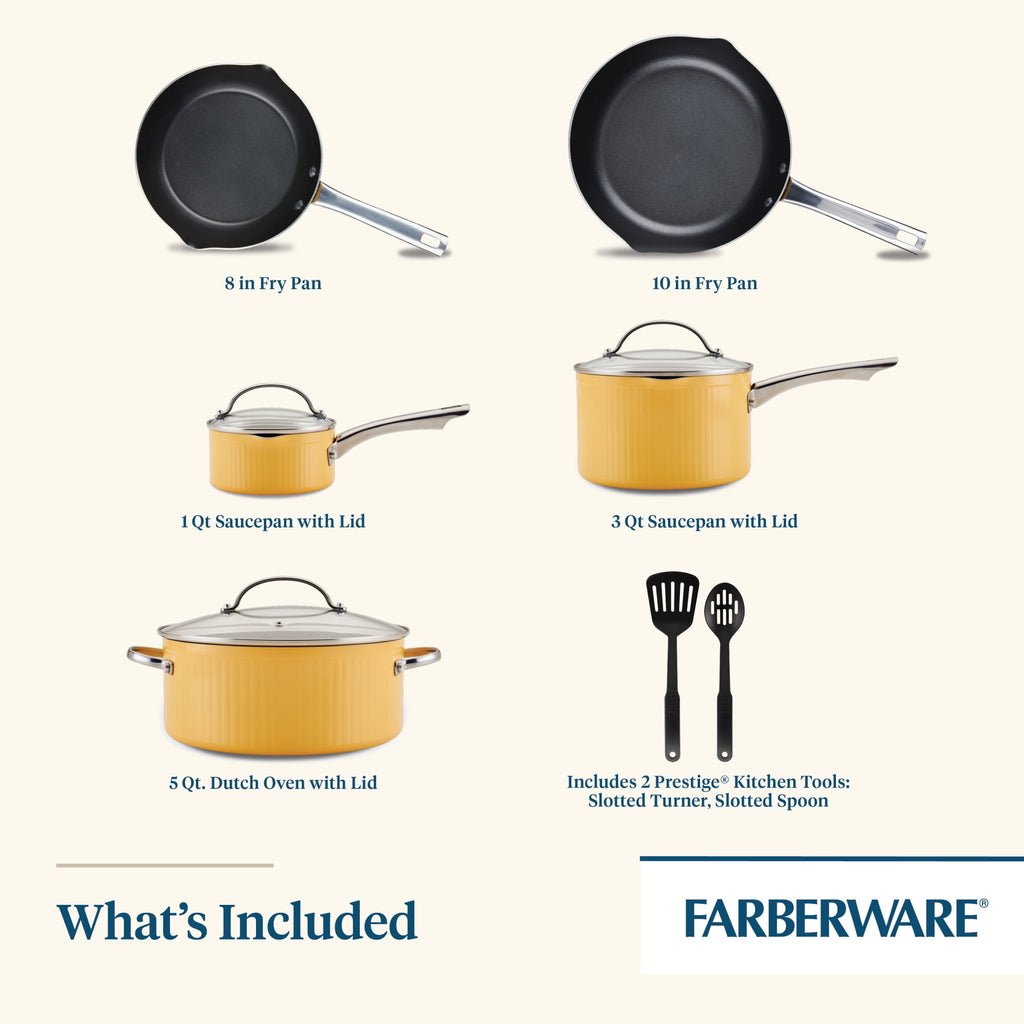 Farberware Style 10 Pcs Nonstick Cookware Set with Cooking Tools - Dishwasher Safe and Oven Safe to 500°F, Yellow