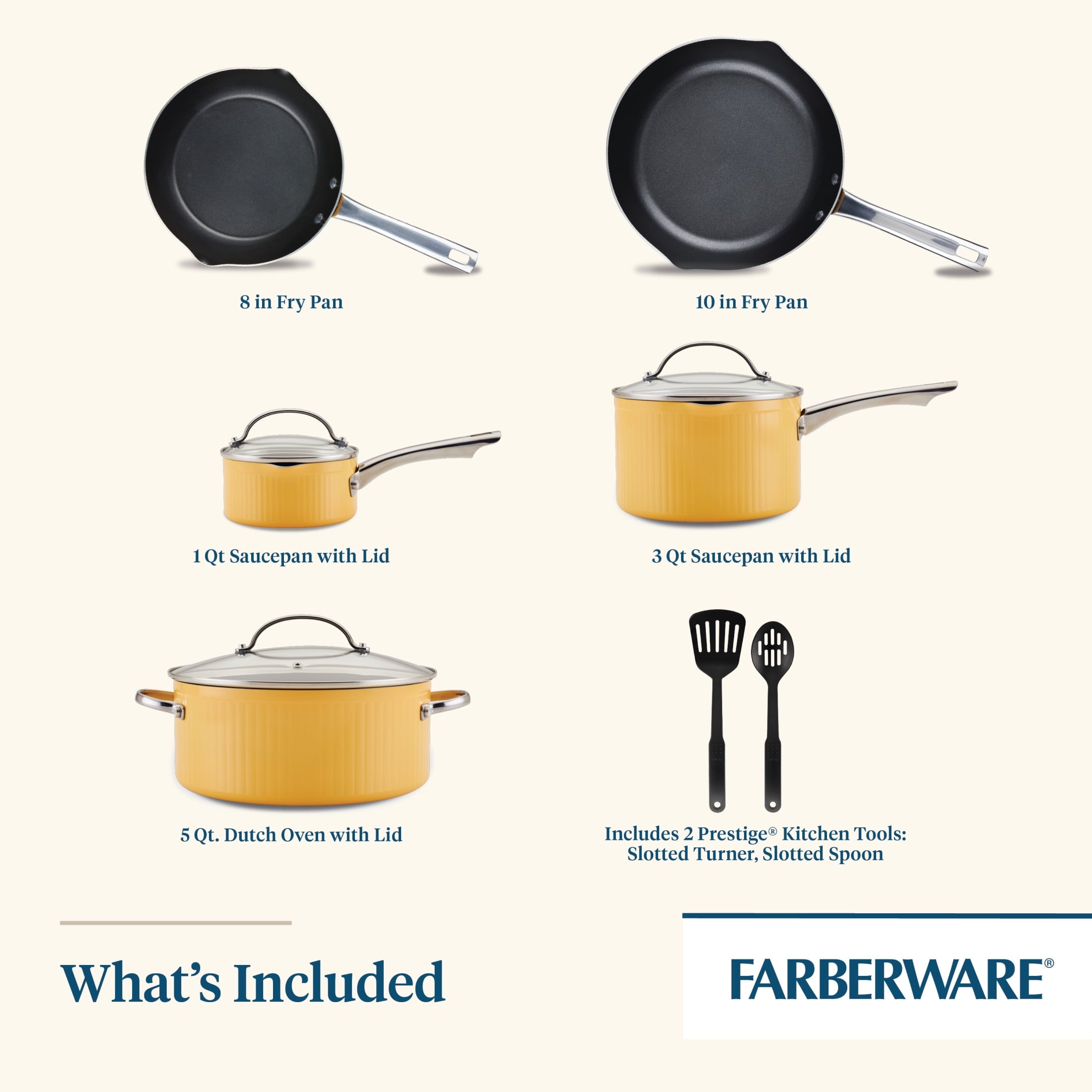 Farberware Style 10 Pcs Nonstick Cookware Set with Cooking Tools - Dishwasher Safe and Oven Safe to 500°F, Yellow
