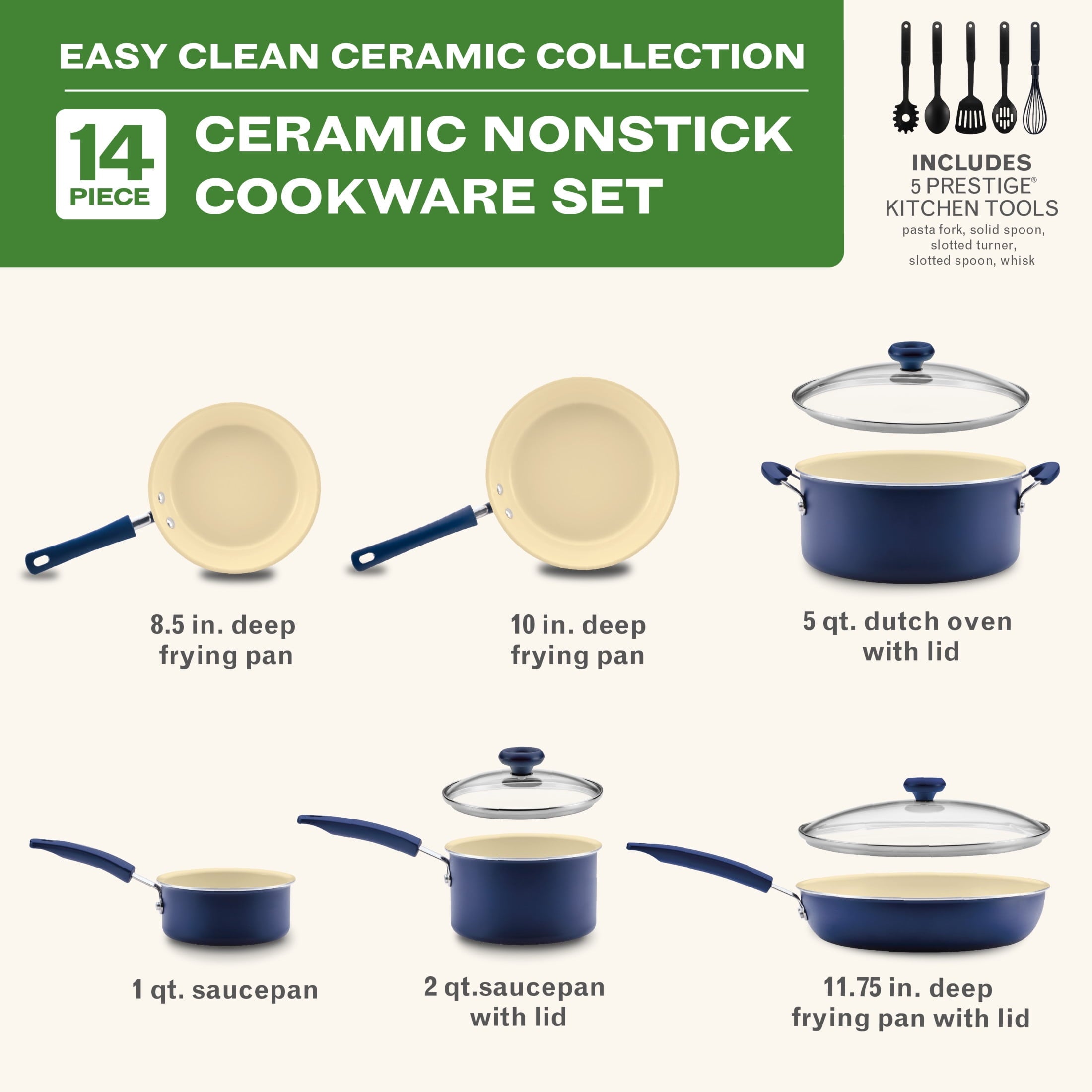 Farberware Easy Clean 14 Pcs Ceramic Nonstick Cookware Set with Cooking Tools - Dishwasher Safe, Blue