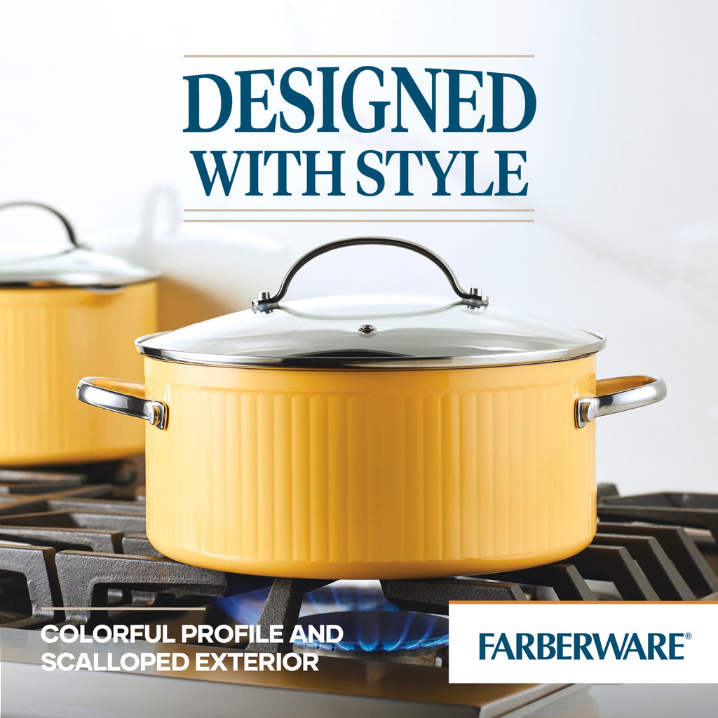 Farberware Style 10 Pcs Nonstick Cookware Set with Cooking Tools - Dishwasher Safe and Oven Safe to 500°F, Yellow