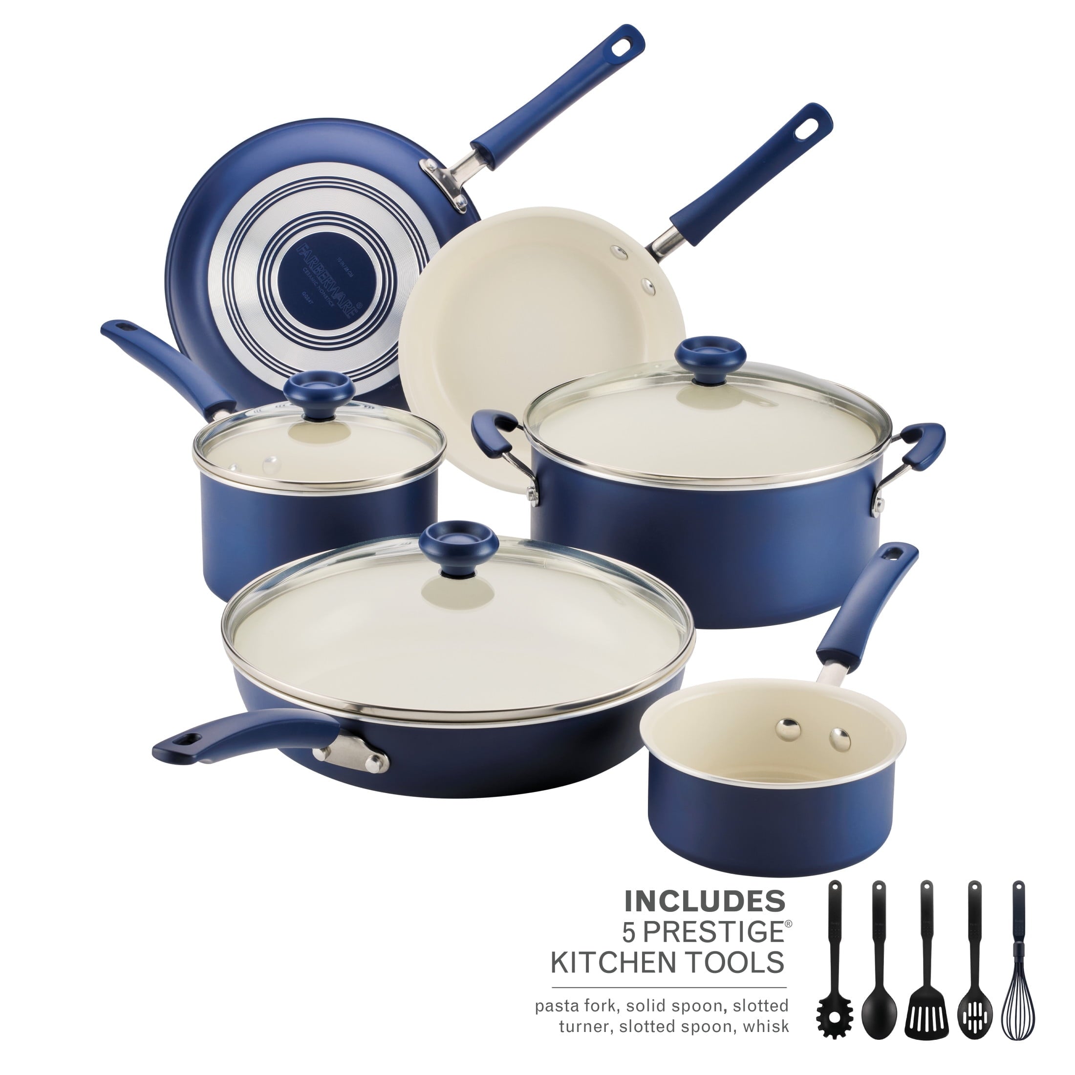 Farberware Easy Clean 14 Pcs Ceramic Nonstick Cookware Set with Cooking Tools - Dishwasher Safe, Blue