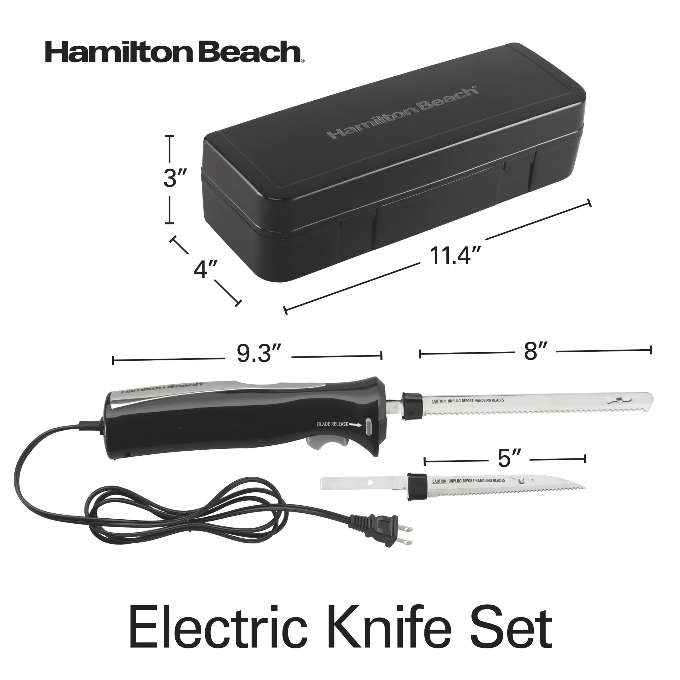 Hamilton Beach Stainless Steel Electric Knife Set - 8-inch Carving Blade and 5-inch Utility Blade, with Storage Case, Black