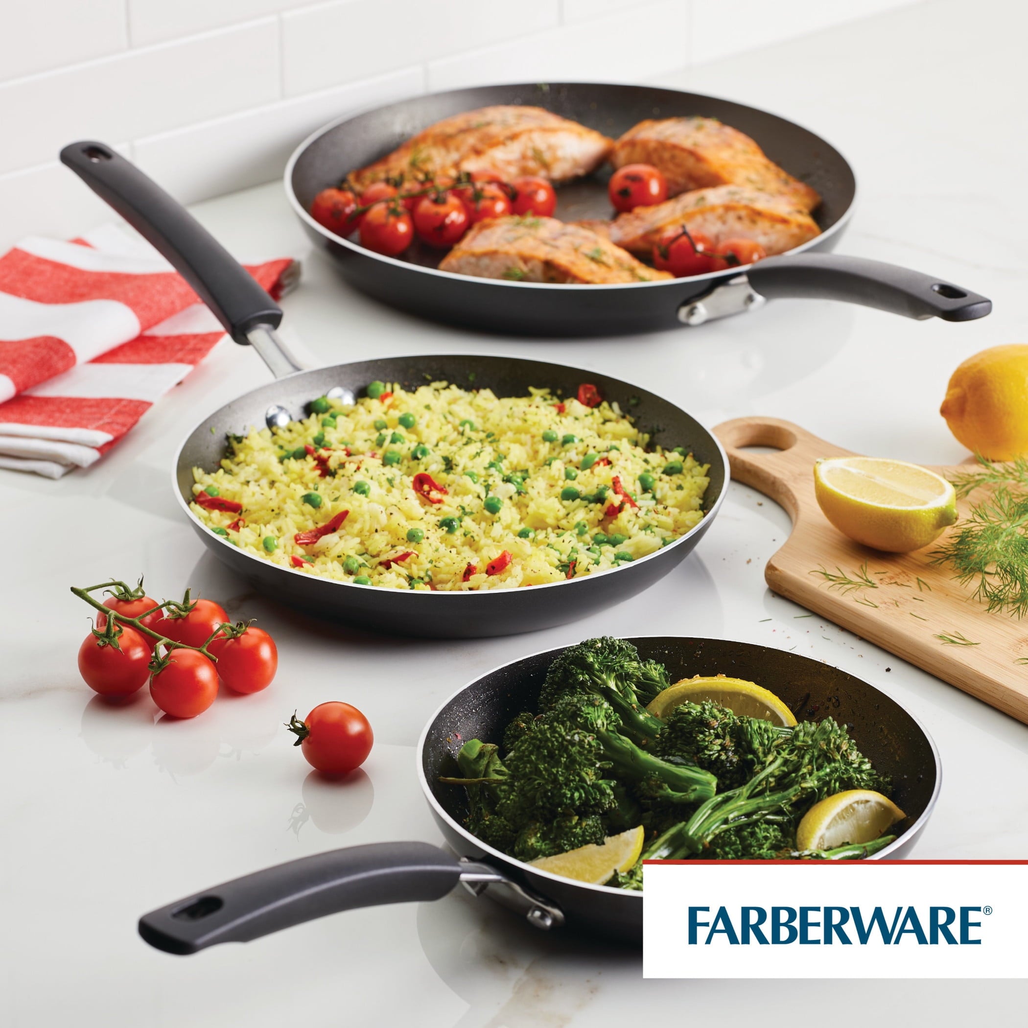 Farberware Easy Clean 3 Pcs Nonstick Frying Pans / Skillets - Dishwasher Safe, 8 Inch, 9.75 Inch, 12 Inch, Black