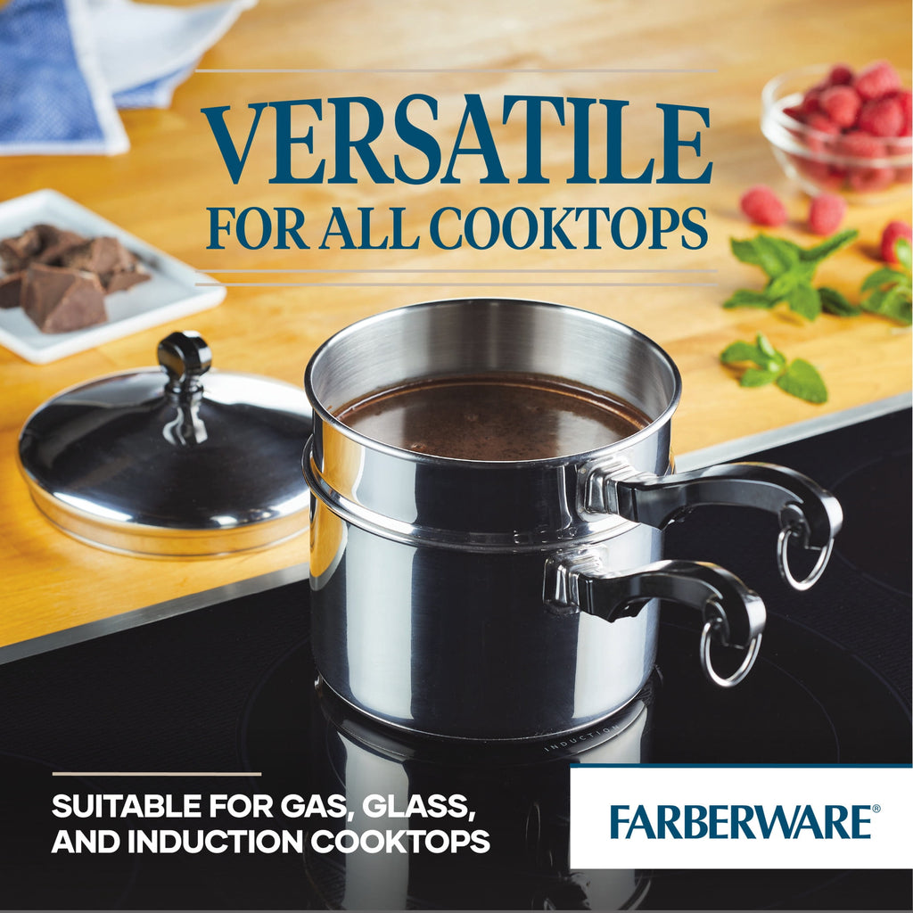 Farberware Classic Series 2 Quart Stainless Steel Double Boiler and Saucepan with Lid - Induction Compatible, Metal Utensil and Dishwasher Safe, Stainless Steel