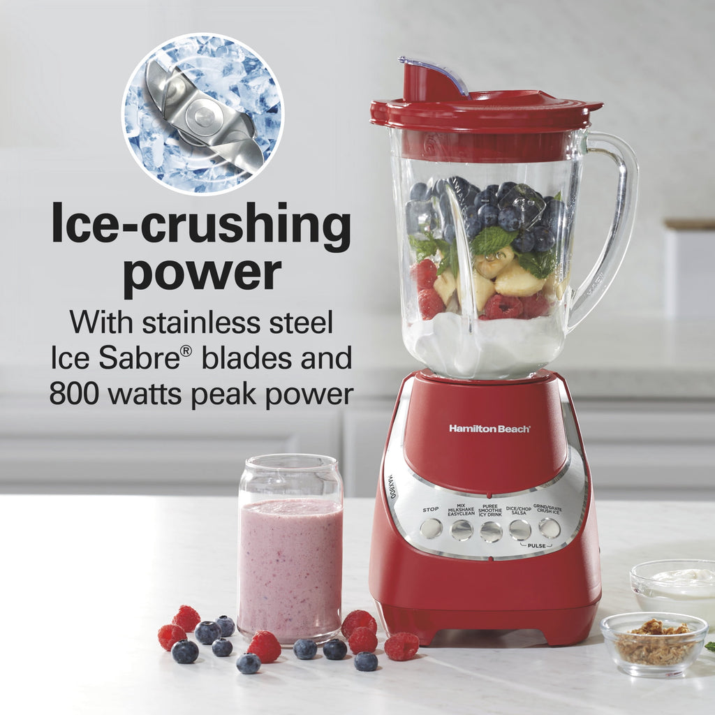 Hamilton Beach Wave Action Smoothie Blender - 48 oz Glass Jar 800 W 12-Function Countertop Blender for Kitchen, Red