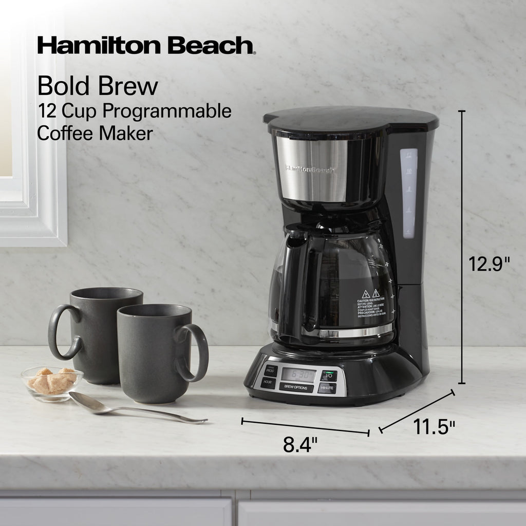 Hamilton Beach Bold Brew 12-Cup Programmable Drip Coffee Maker Machine with Glass Coffee Pot - Black