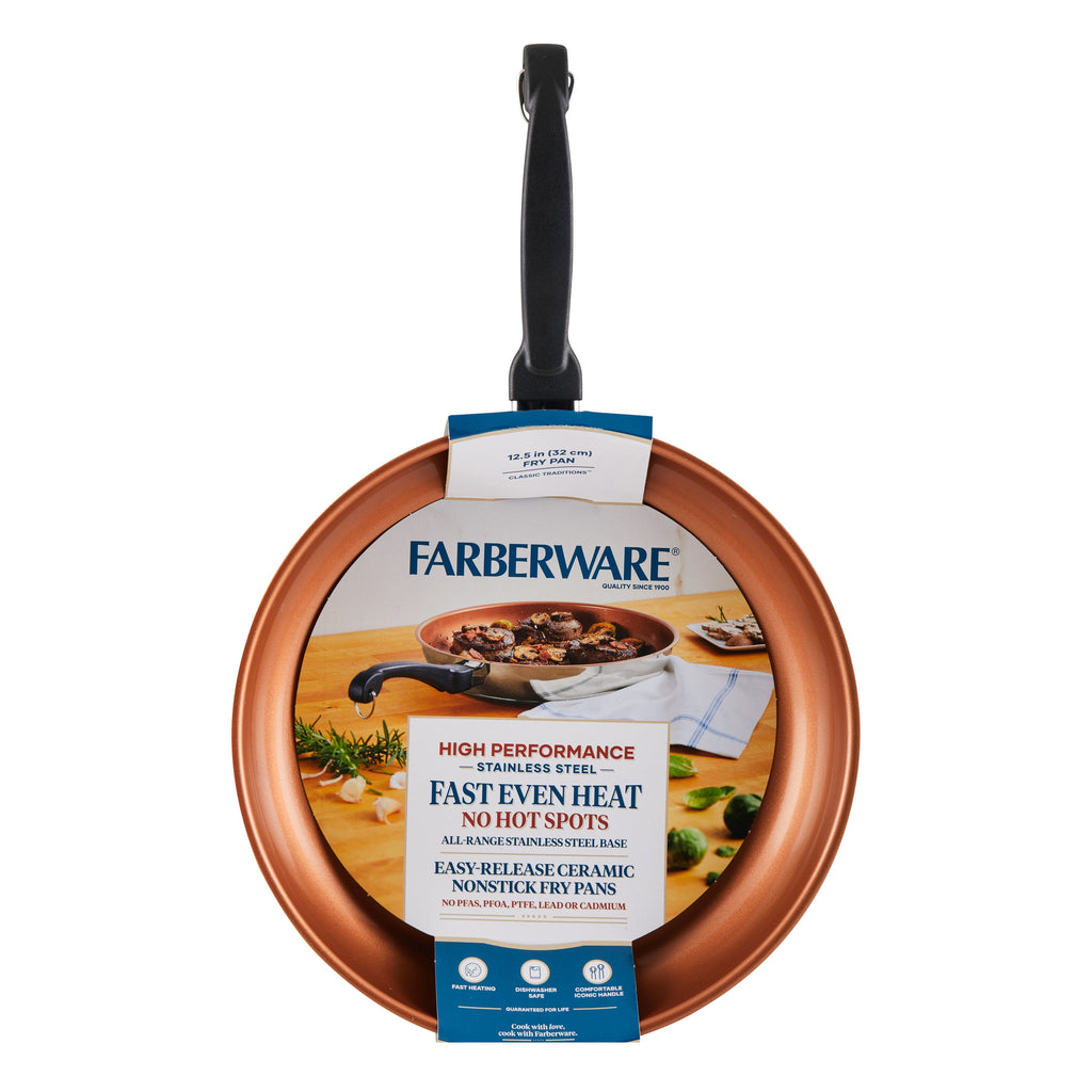 Farberware Classic Traditions 12.5 Inch Ceramic Nonstick Frying Pan - Induction Compatible, Metal Utensil Safe, Dishwasher Safe, Stainless Steel