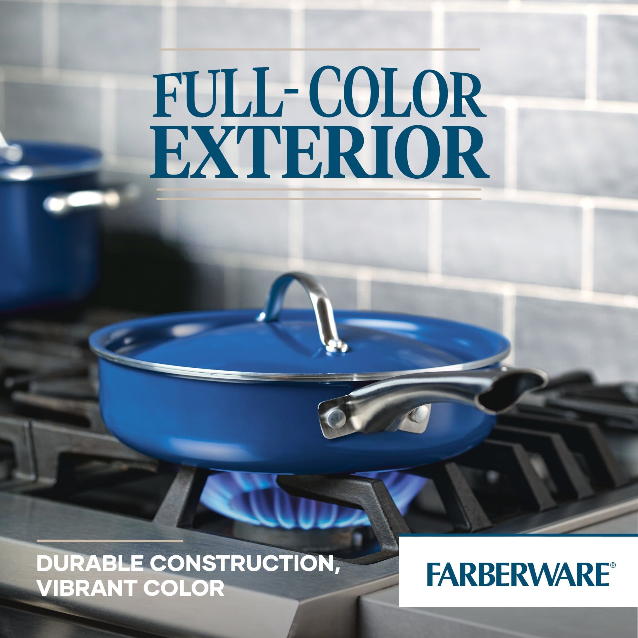 Farberware Vibrance 2.75 Quart Ceramic Nonstick Saute Pan with Lid - Dishwasher Safe and Oven Safe to 500°F, Blue