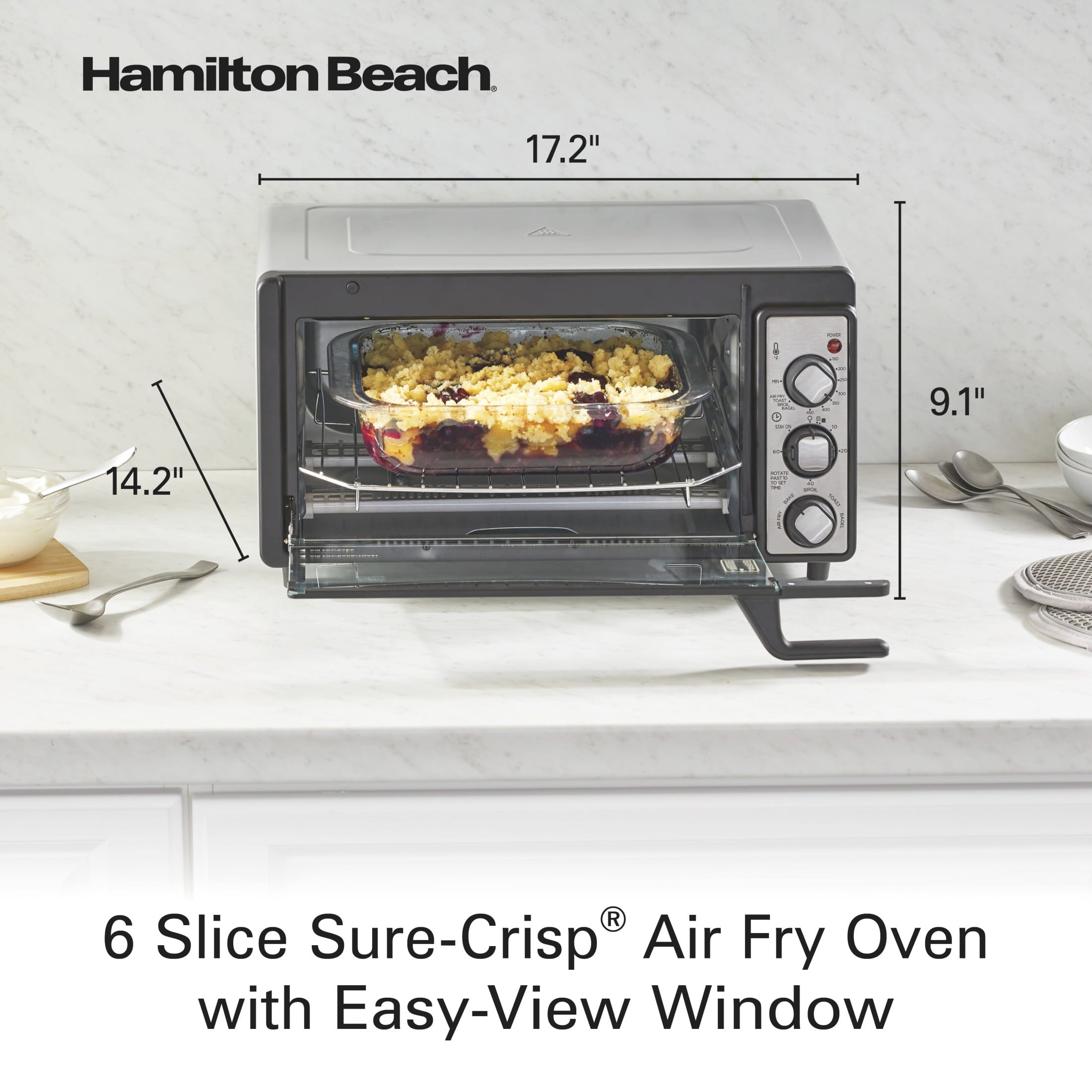 Hamilton Beach 6 Slice Sure-Crisp Air Fry Oven with Easy-View Window - Silver with Black and Stainless Steel Accents, 31480