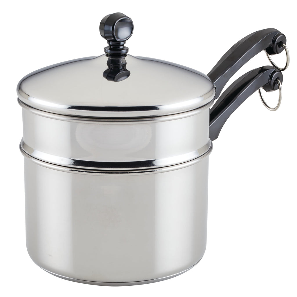 Farberware Classic Series 2 Quart Stainless Steel Double Boiler and Saucepan with Lid - Induction Compatible, Metal Utensil and Dishwasher Safe, Stainless Steel