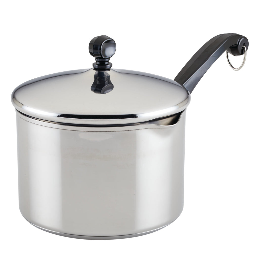 Farberware Classic Series 3 Quart Stainless Steel Straining Sauce Pan with Lid - Induction Compatible, Metal Utensil and Dishwasher Safe, Stainless Steel